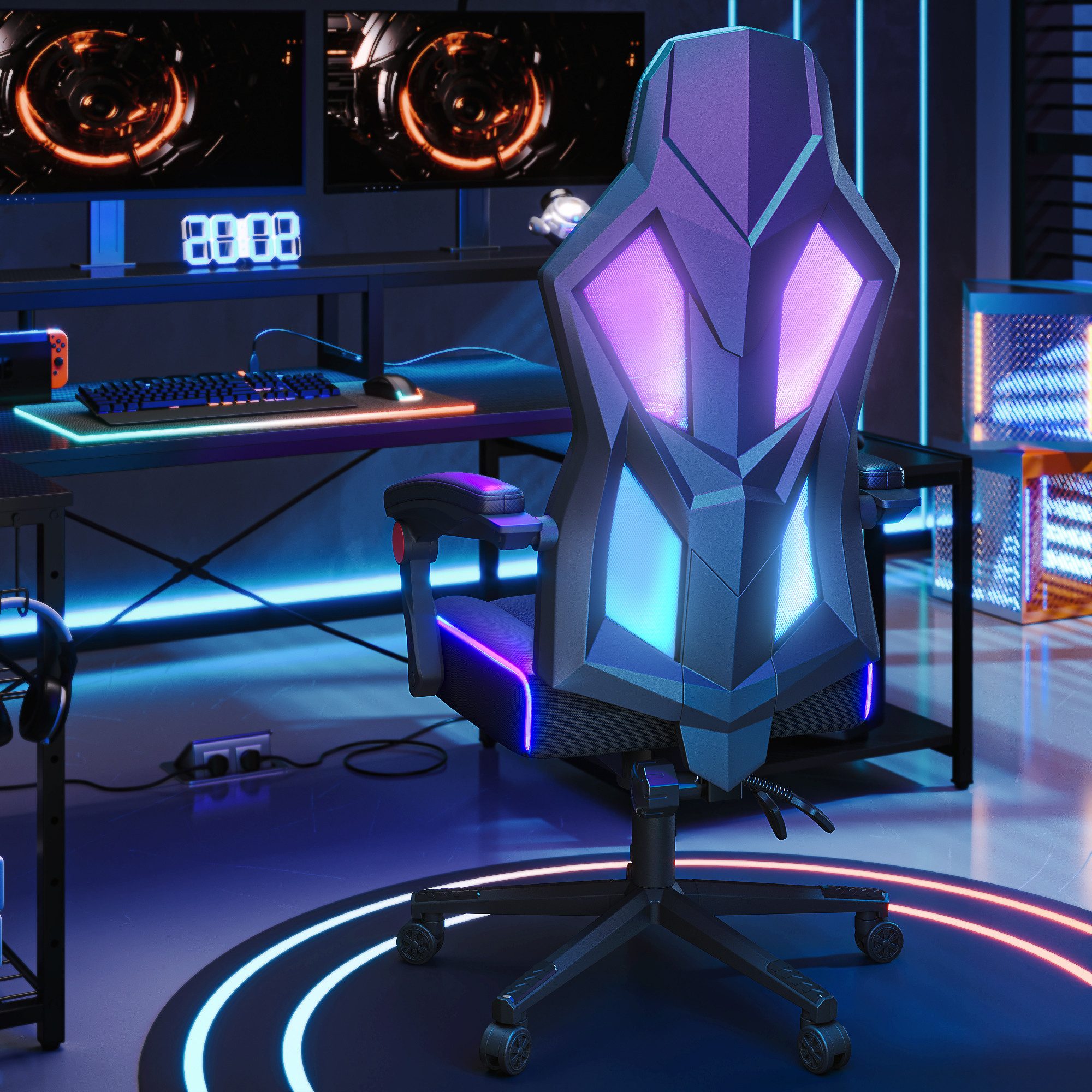 Bestier Gaming-Stuhl Gaming-Stuhl mit LED-Lichtleiste und verstellbarer Lendenwirbelstütze.