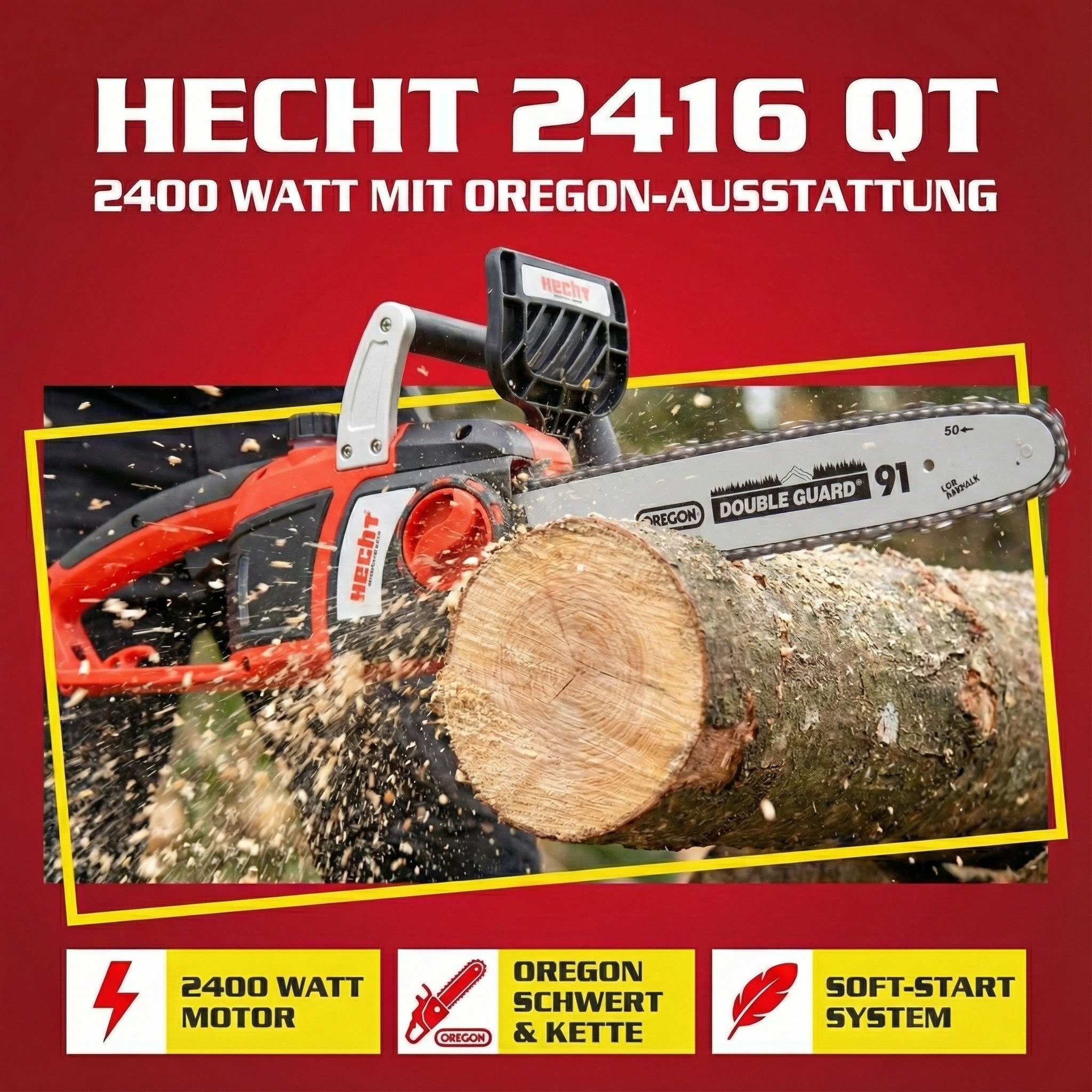 Hecht Elektro-Kettensäge Motorsäge elektrisch 2416 QT, 40 cm Schwertlänge, 2400W, OREGON Double Guard Schwert, 14 m/s