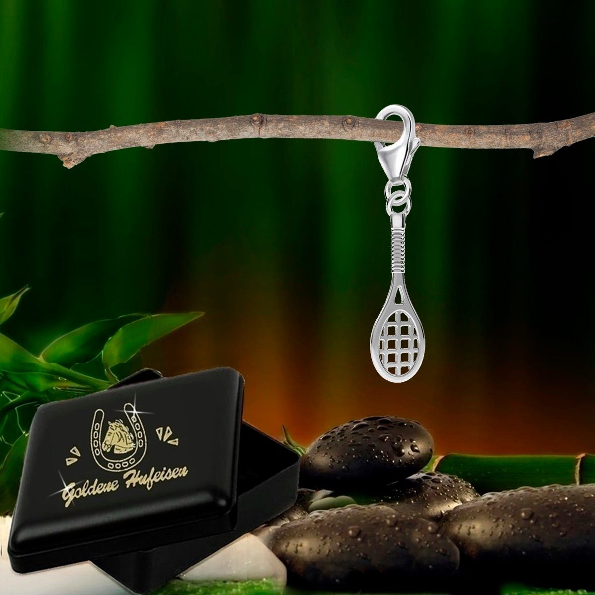 Goldene Hufeisen Charm-Einhänger Tennisschläger Charm Anhänger aus 925 Silber Karabiner, 925 Sterling Silber mit Zirkonia Silberschmuck für Armband
