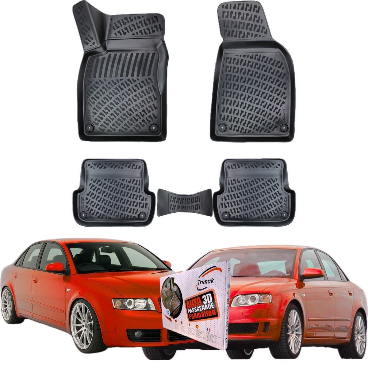 Trimak Passform-Fußmatten Oder Kofferraumwanne Oder Set kompatibel mit Audi A4, Audi A4 B6/B7 Limousine & Avant 2001-2008 Gummimatten Auto TPE