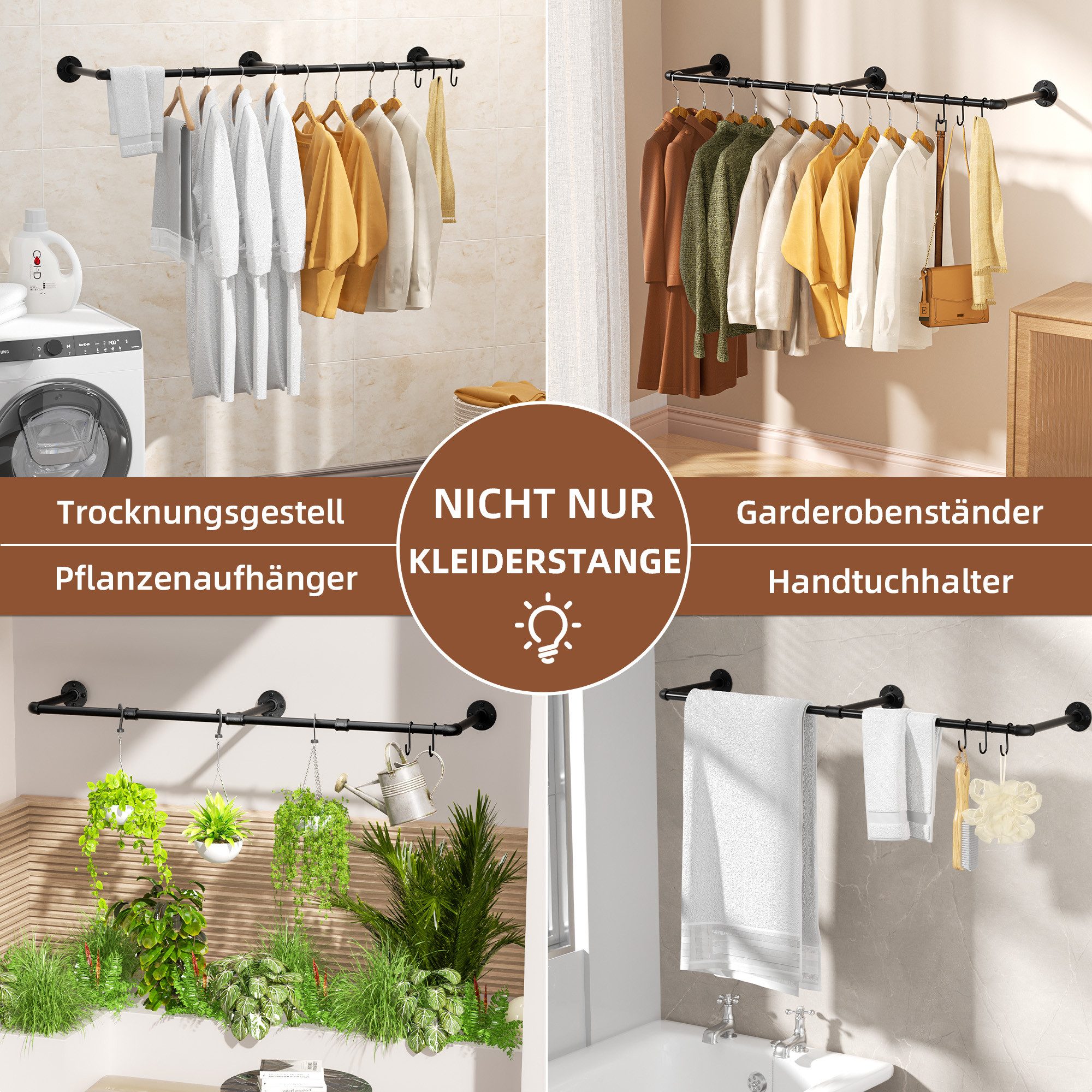 niffgaff Kleiderständer Garderobenständer Wandmontage Vintage, (1 St), 140 cm, belastbar bis 63 kg, inkl. 6 S-Haken, platzsparend – Bild 5 von 5