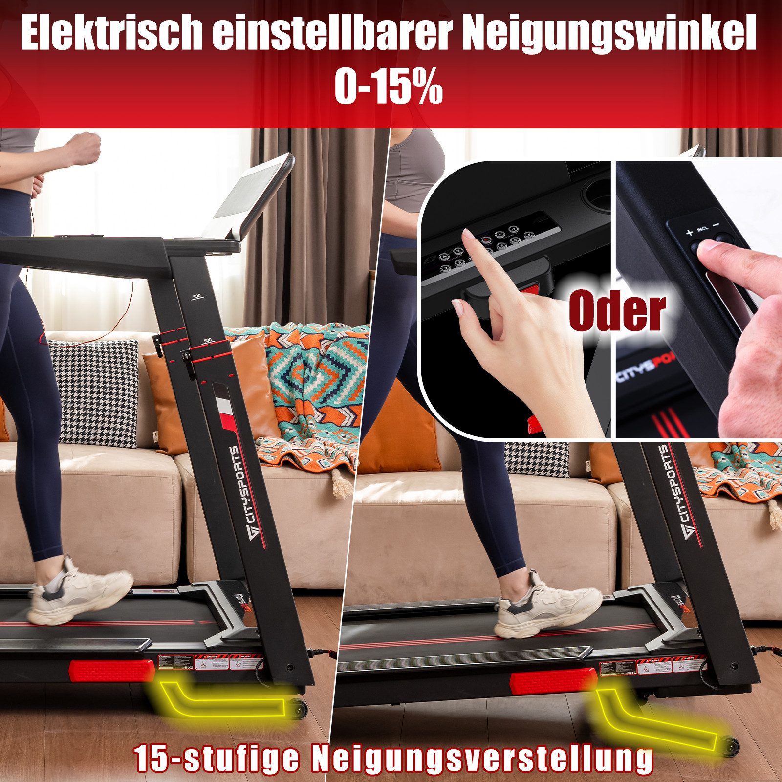 CITYSPORTS Laufband Laufband für zu Hause, Elektrischer Winkellift 15 St. mit Bosch motor, 50*135cm Laufbereich . Armlehnenhöhe in 4 Stufen verstellbar