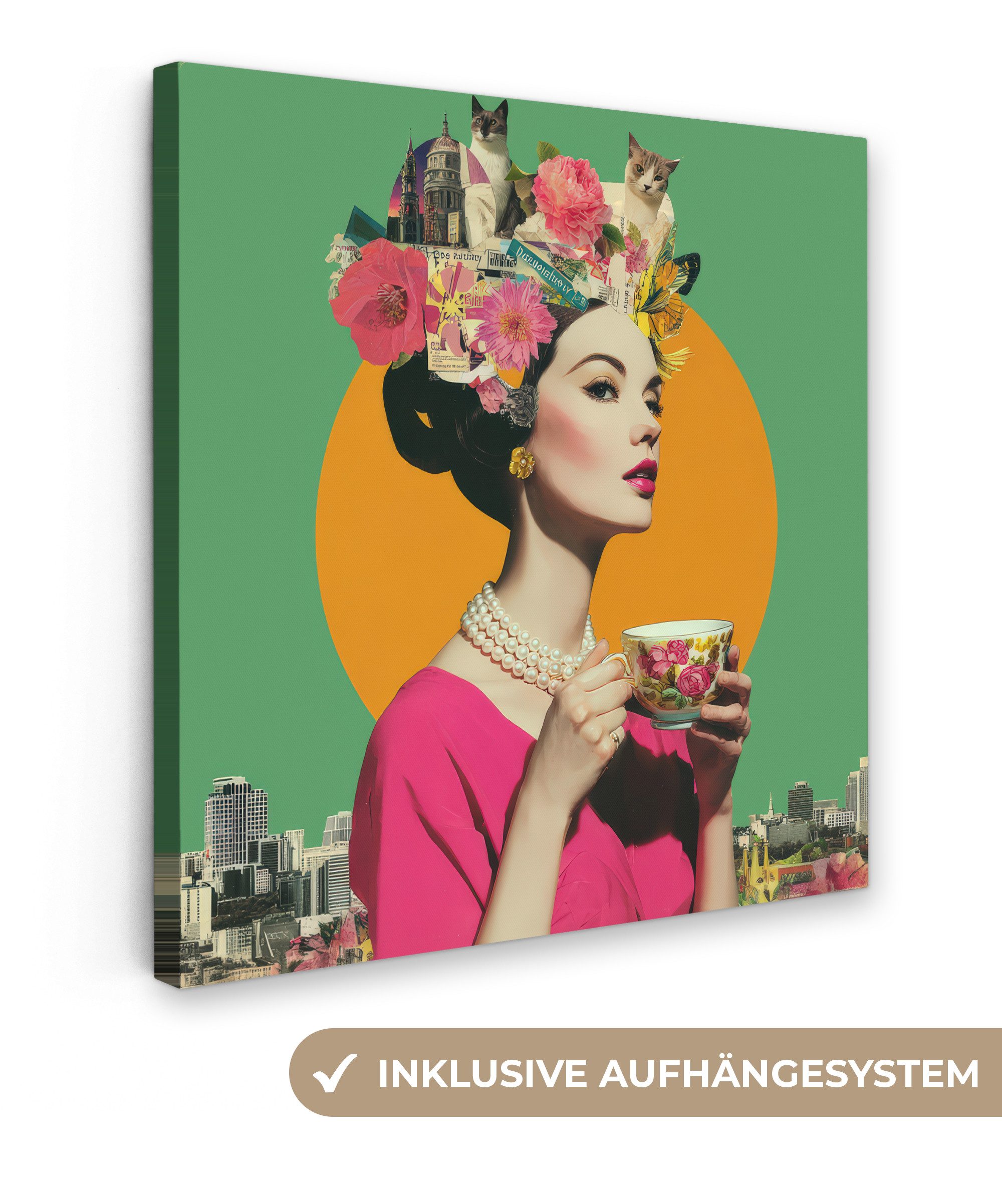 OneMillionCanvasses® Leinwandbild Retro - Frau - Stadt - Sonne, Fotodruck (1 St), Wandbild, Deko Schlafzimmer Wohnzimmer Flur 20x20 cm