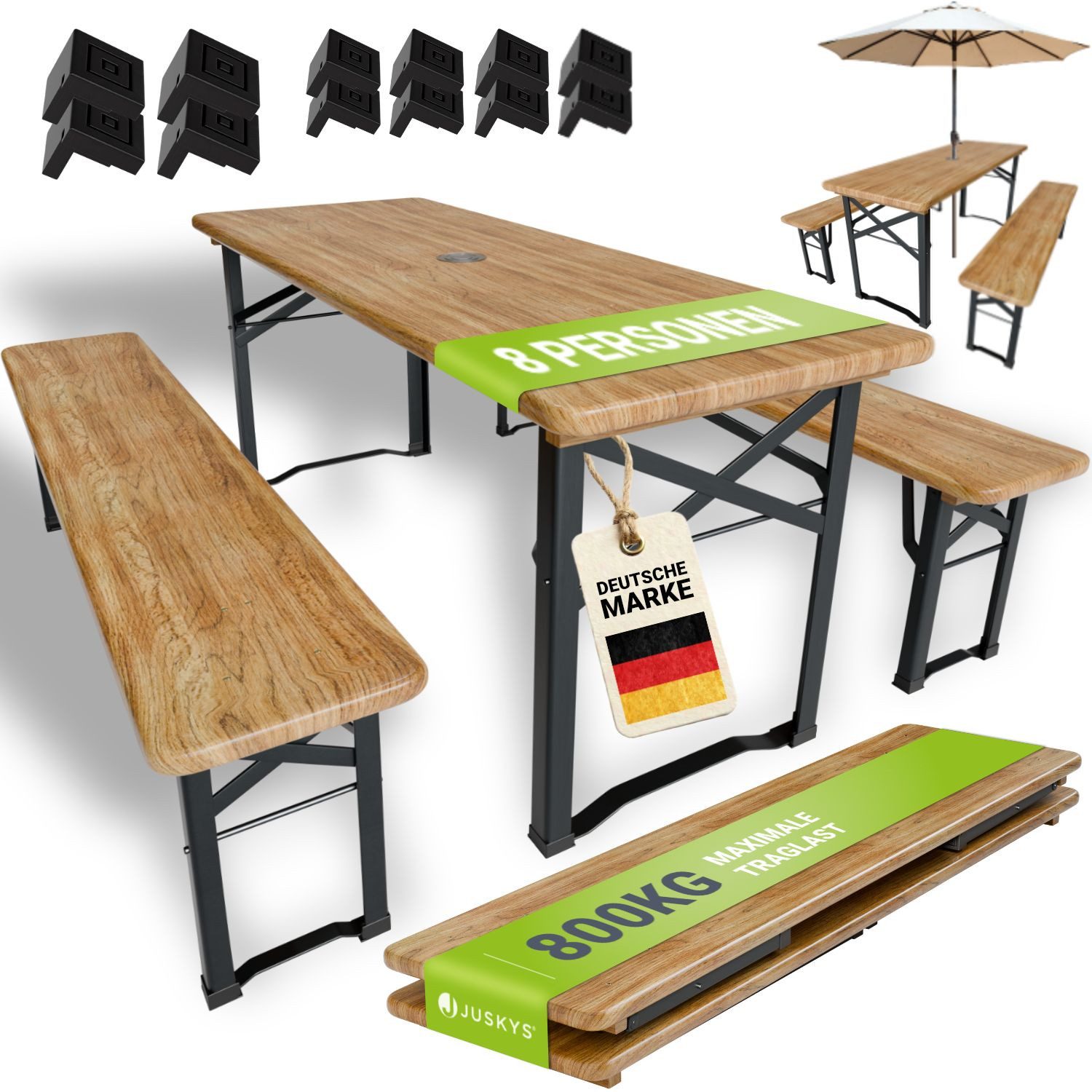 Juskys Bierzeltgarnitur Bichl, (Set, 3-tlg., Bierzeltgarnitur), Wetter & UV-beständig, klappbar, lackiertes Tannenholz, Bodenschoner