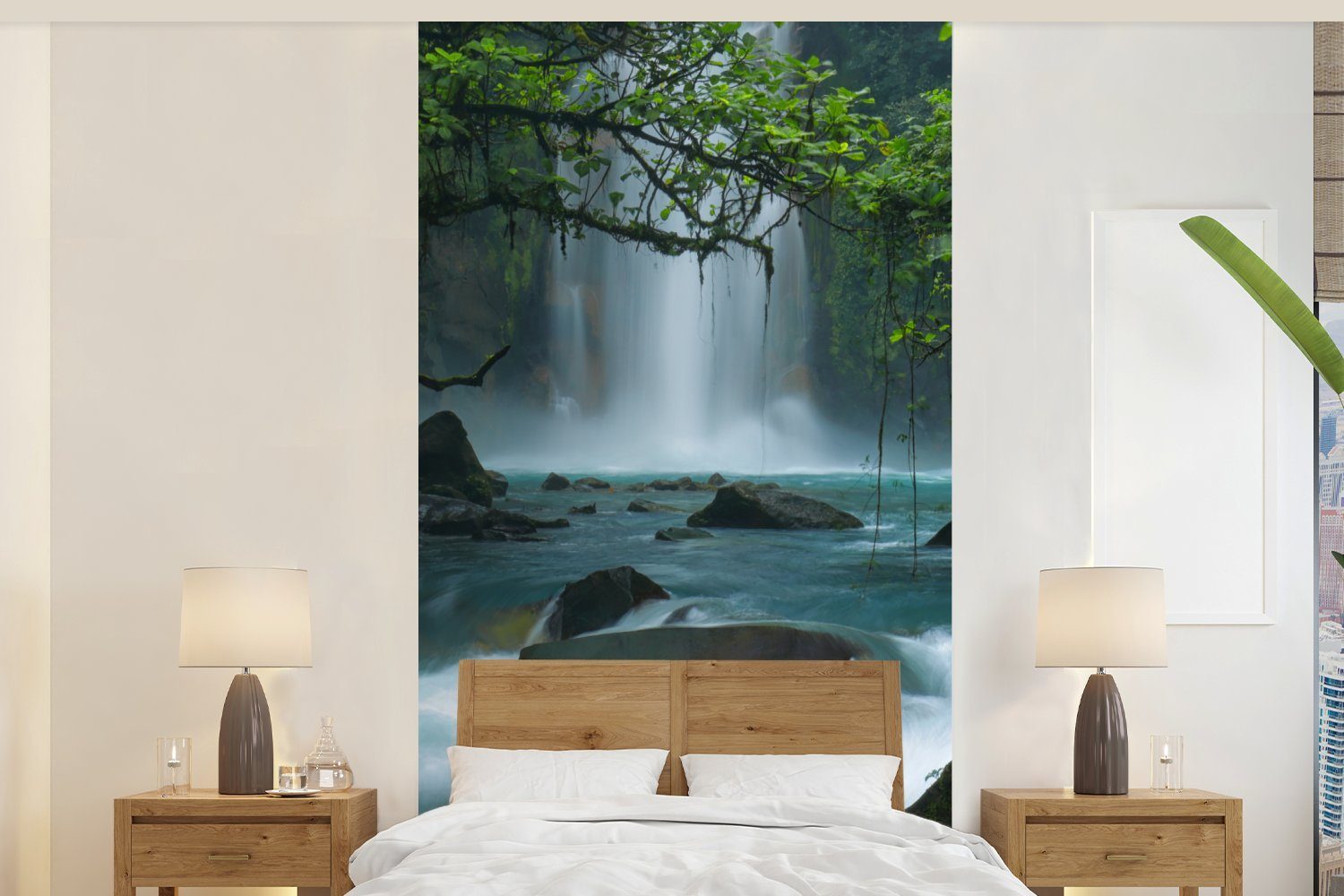 MuchoWow Fototapete Leuchtend blauer Wildfluss und Wasserfälle im Regenwald von Costa Rica, Matt, bedruckt, (2 St), Vliestapete für Wohnzimmer Schlafzimmer Küche, Fototapete