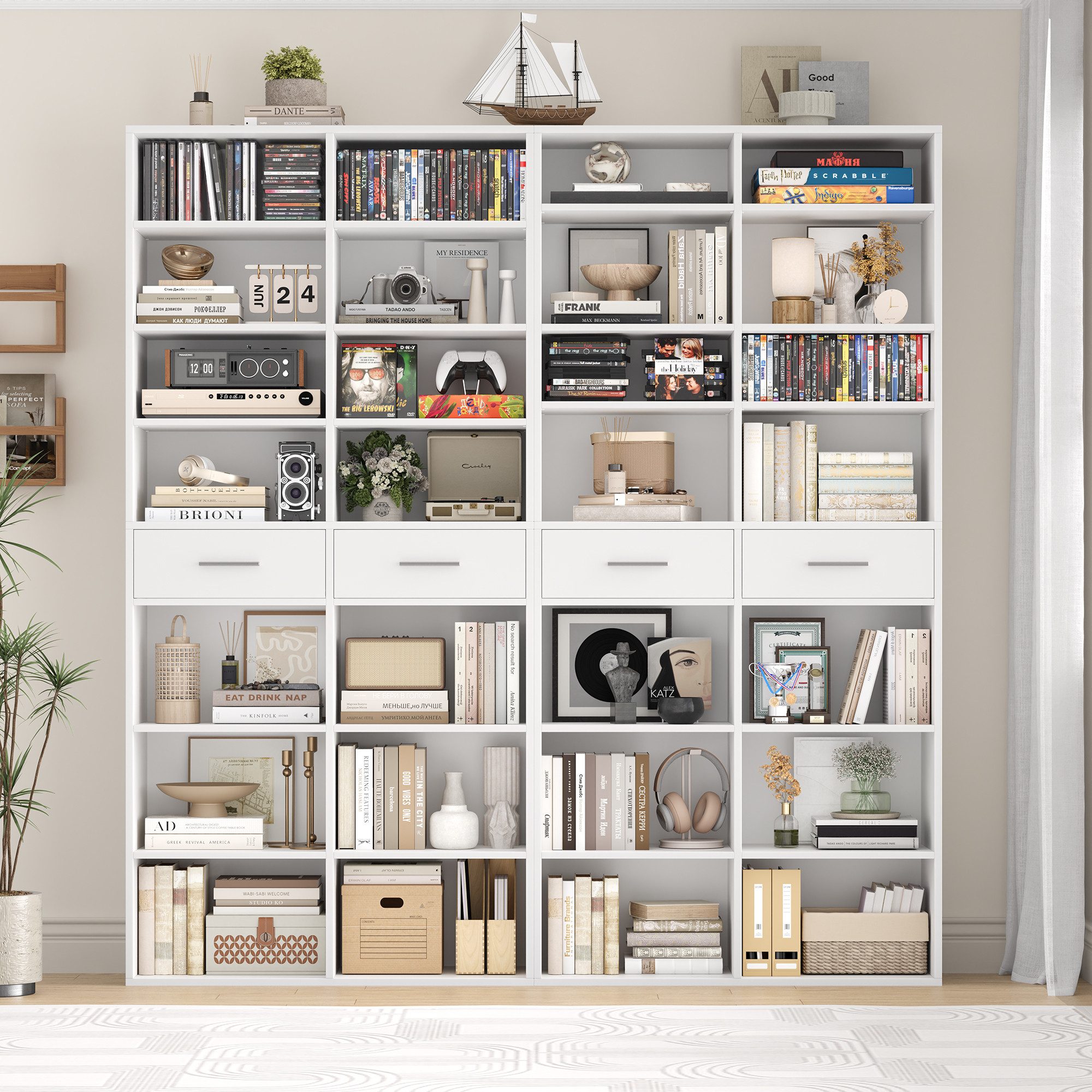 HOMECHO Bücherregal, 185,5 cm hoch Standregal mit 8 Ebenen und 2 Schubladen
