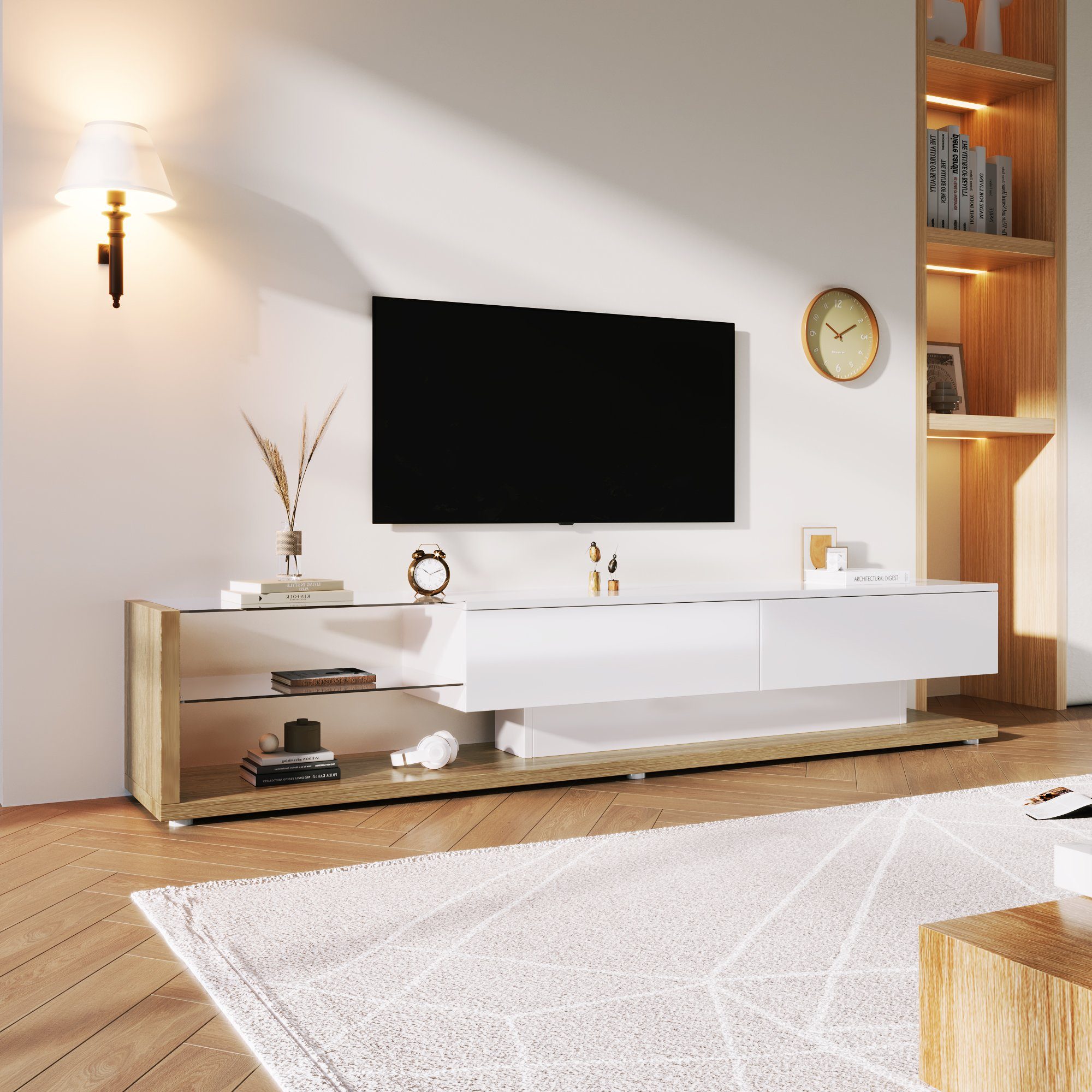 LED-Beleuchtung, und Natur Lowboards, TV-Schrank Glastrennwände variable TV Hochglanz-Wohnzimmermöbel Fernsehtisch Board Celya