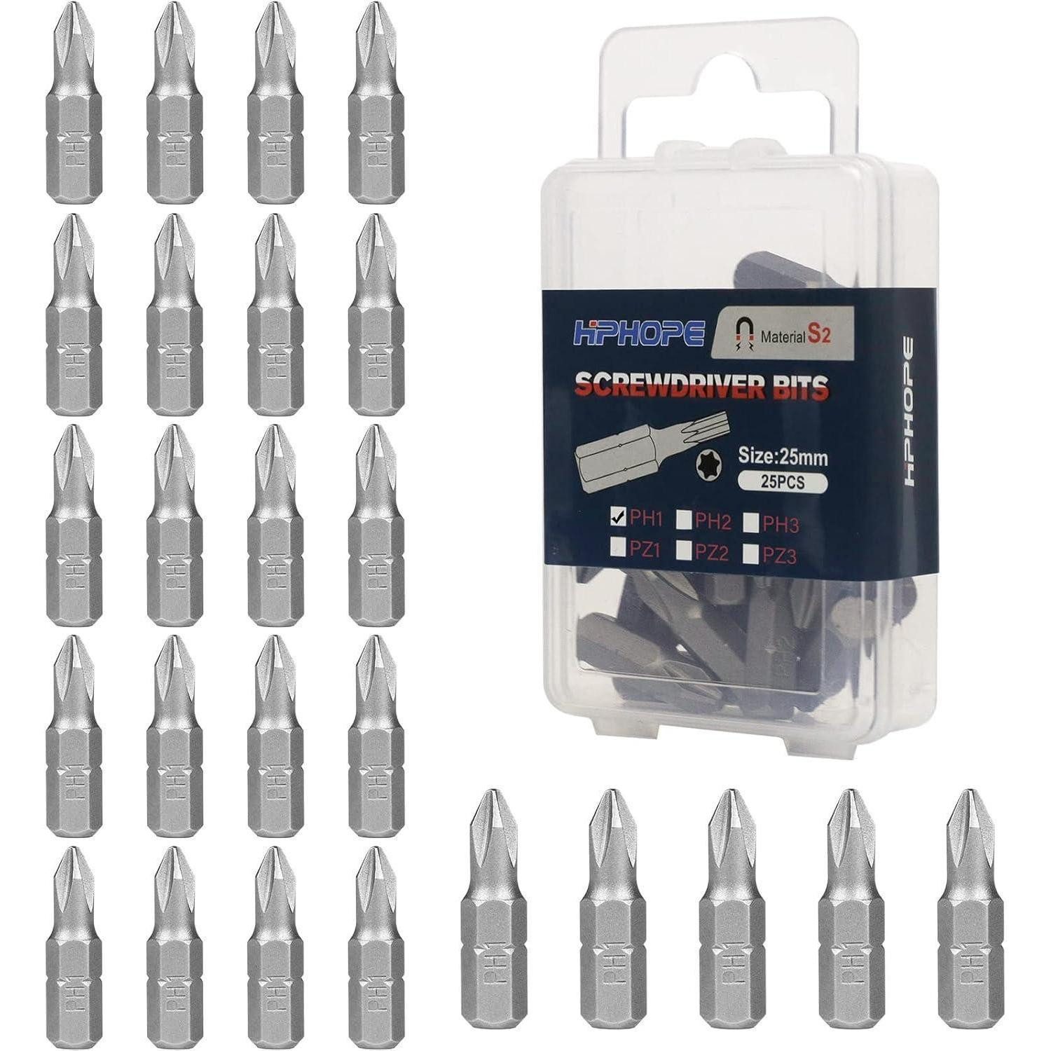 LuxusKollektion Kreuzschlitz-Bit Bits Phillips Sortiment Länge mm 25mm PH1 25 Stück