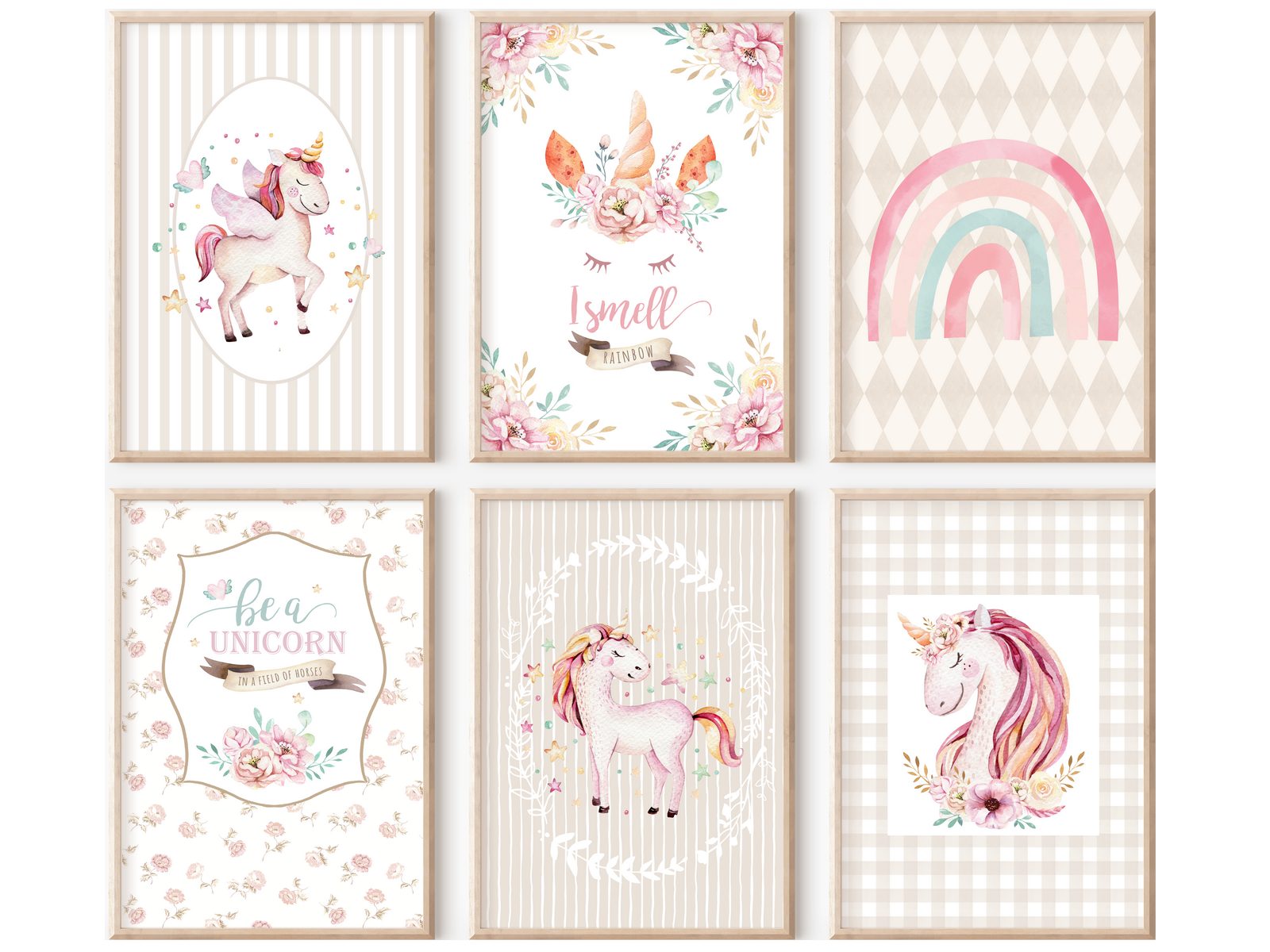 homestyle-accessoires Mehrteilige Bilder Kinderzimmer Bilderwand 6erSet Bilderset Babyzimmer EINHORN, Hochformat, Künstlerpapier, ohne Rahmen
