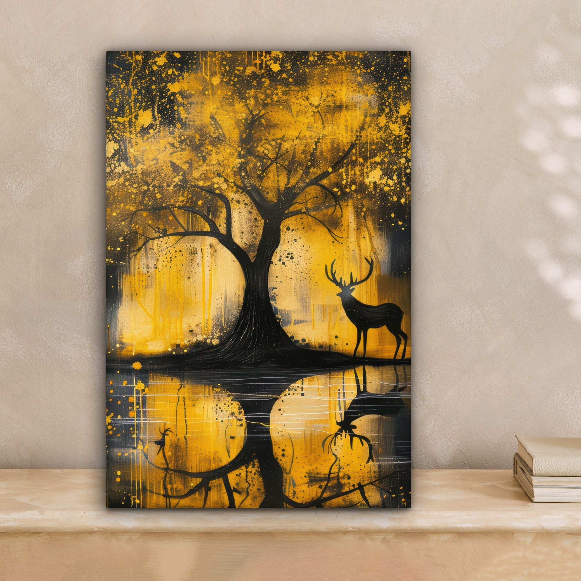 OneMillionCanvasses® Leinwandbild Baum - Farboptik - Hirsch - Natur - Gold, günstig online kaufen