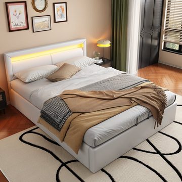 WISHDOR Polsterbett Doppelbett Stauraumbett Bett (140*200cm Weiß mit Lattenrost ohne Matratze), LED-Bett, Kopfteil & Kunstleder, Stabil & pflegeleicht