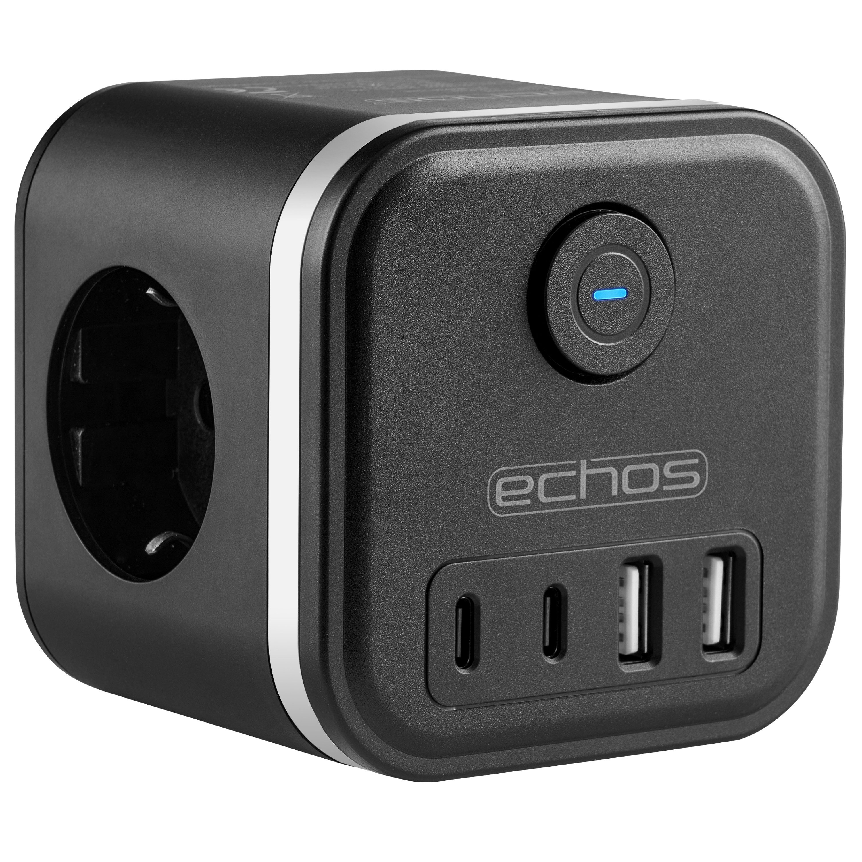 echos Eco-4133 Mehrfachsteckdose 3-fach (Ein- / Ausschalter, USB-Aschlüsse, Überspannungsschutz, Überstromschutz), 7-in-1 Розеткиwürfel mit 2x USB-A + 2x Typ-C