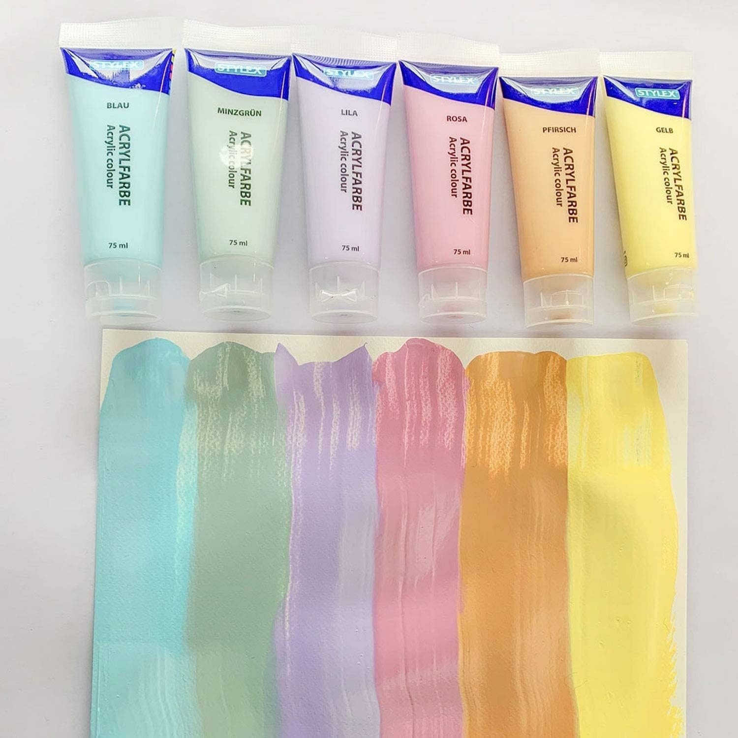 Stylex Acrylfarbe Pastell Acrylfarben im Set, 6 Tuben á 75 ml - Malfarbe Basteln Künst