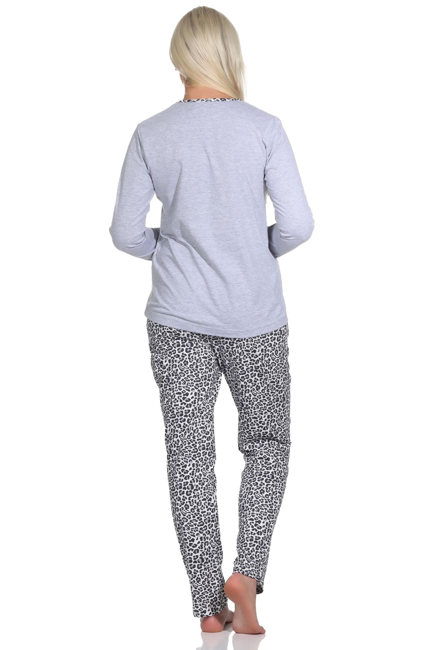 Tiermotiv, Schlafanzug Hose Langarm mit Pyjama Normann grau-mel. Damen Animal-Print-Look im