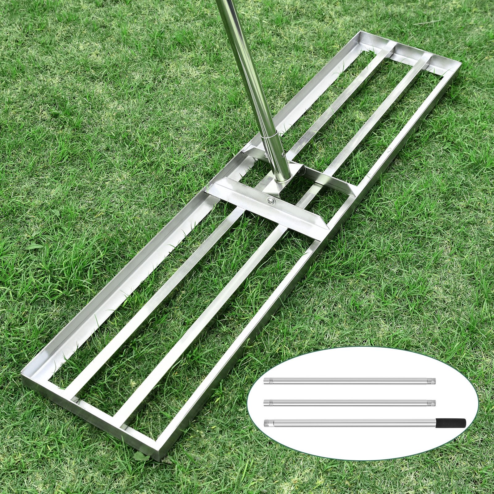 XERSEK Rasenrechen Rasen Rakel V2A Edelstahl Rasenrechen 25x118x200 cm Nivellierrechen, 118 cm Arbeitsbreite, mit 200 cm langem Stiel, (zum Rasen nivellieren und Sanden Verstellbare Länge, Für Yard/Golf/Hinterhof/Fußballplatz)