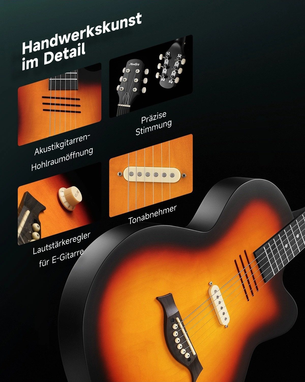 Moukey Akustikgitarre BCC-100 Westerngitarre elektrisch Komplettset inkl. Gigbag Stimmgerät, LP, mit Gigbag, Gurt, Stimmgerät, Schlagbrett, für Anfänger in voll – Bild 4 von 5