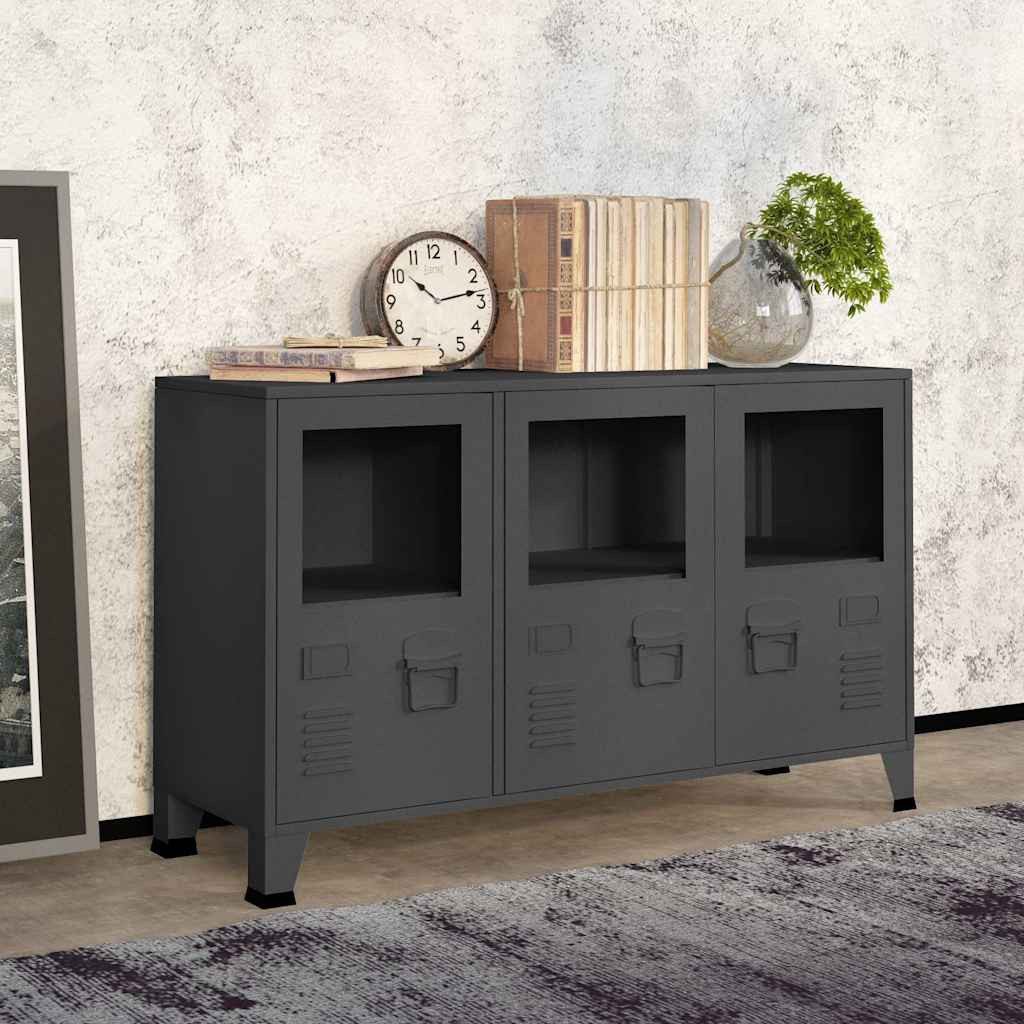 furnicato Sideboard Elegantes Anthrazit 105 x 35 x 62 cm (1 St), Industrie-Schrank mit Glastüren, Lüftungsschlitzen und Namensschild