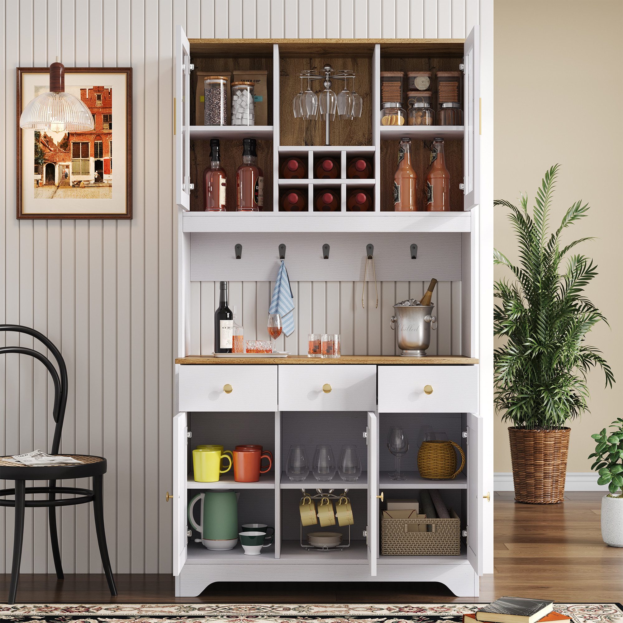 Odikalo Küchenbuffet Küchenschrank Hochschrank Sideboard mit Weinregal (Sideboard, Hochschrank in weißer Holzmaserung, 94,5 x 30 x 175,5 cm, für Wohn- und Esszi – Bild 3 von 5