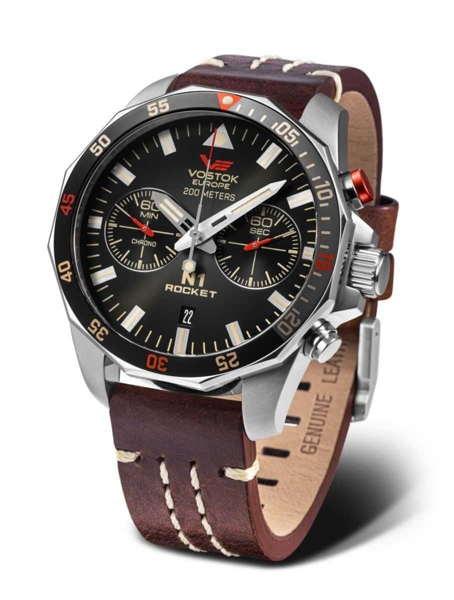 Vostok Europe Chronograph Rocket N1 Herrenuhr 46 mm Herren-Armbanduhr mit Lederband, 225A618-L, Präzisionschronograph für anspruchsvolle Uhrenliebhaber