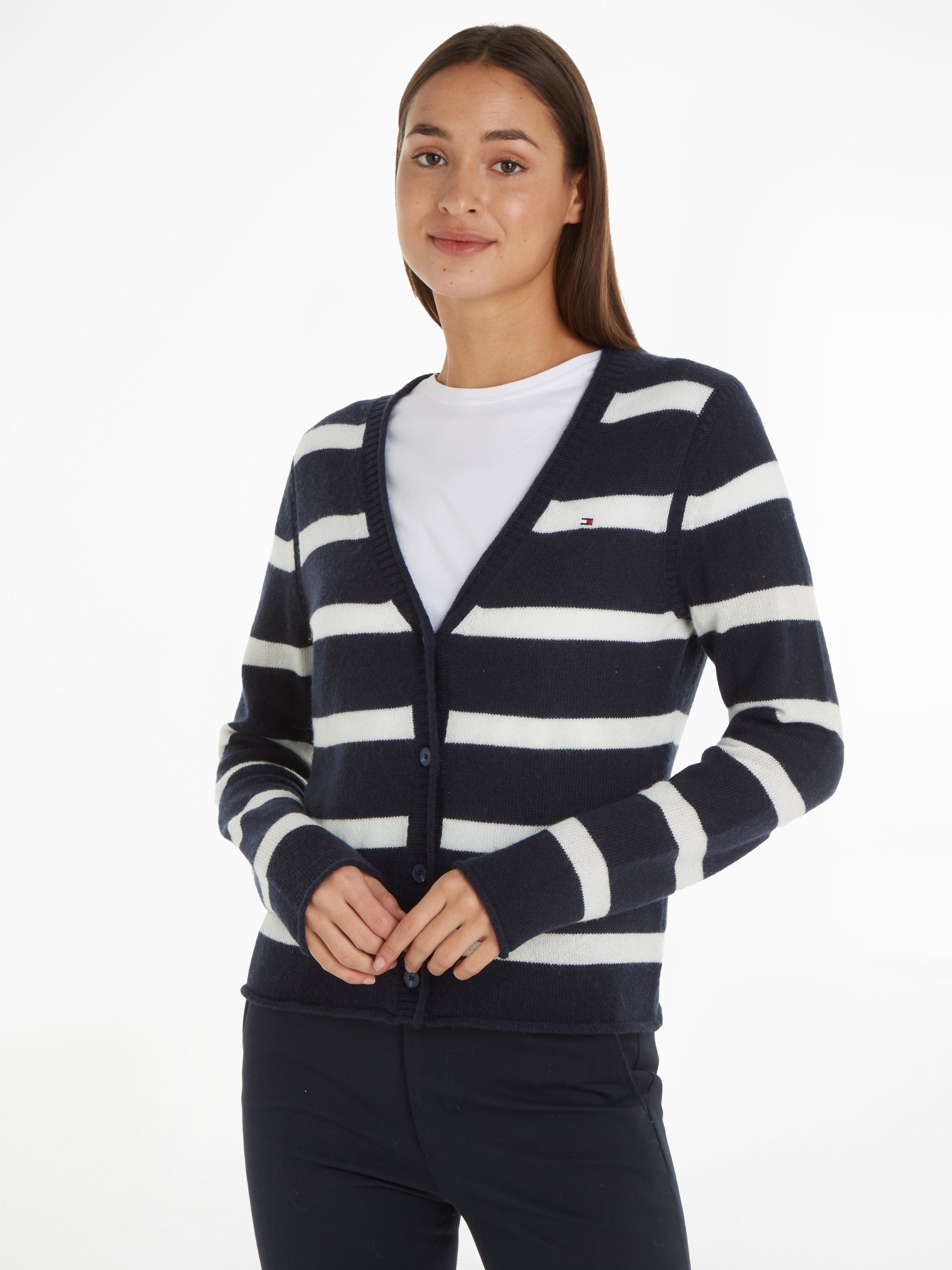 Tommy Hilfiger Strickjacke SOFT WOOL V-NK CARDIGAN aus weicher Wolle, langlebig, atmungsaktiv &zeitlos, Premium Desert Sky/ Ecru