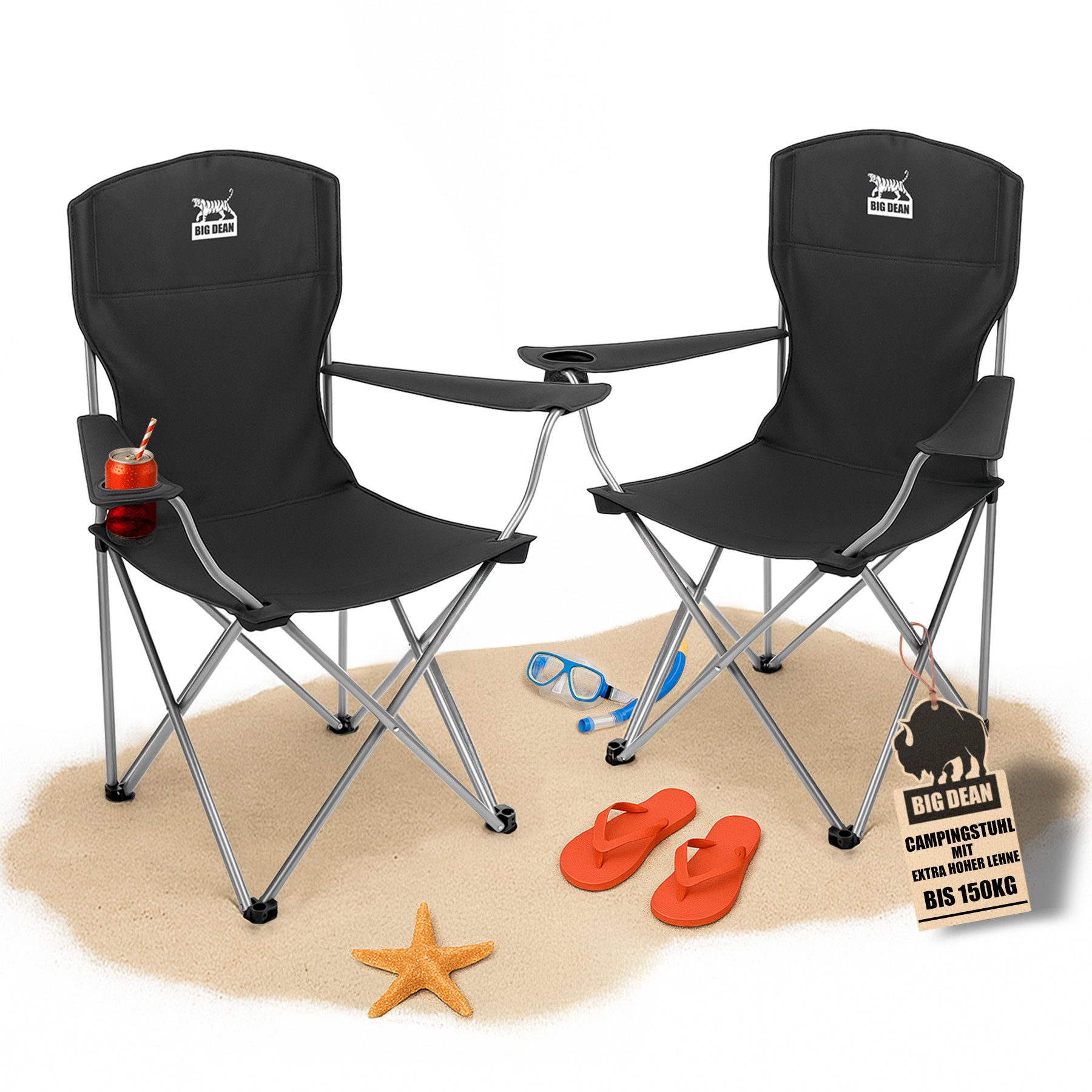 BigDean Campingstuhl 2er Set Campingstuhl extra hohe Lehne max. 150kg belastbar Faltstuhl (Set, 1 St), Verlässlich, Stabil, leicht, Schmutz & Wasser abweisen.