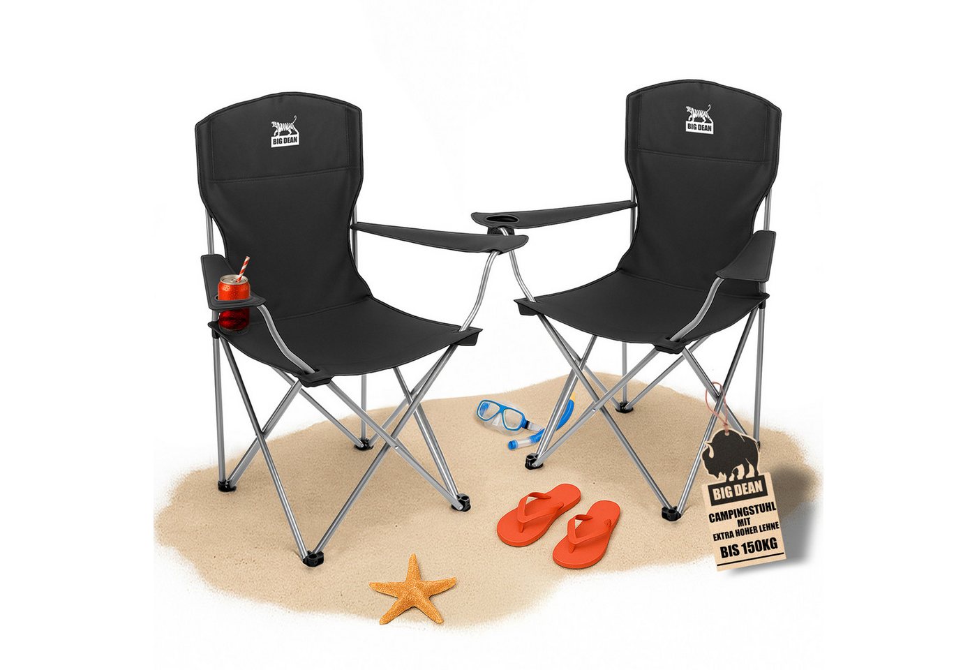 BigDean Campingstuhl 2er Set Campingstuhl extra hohe Lehne max. 150kg belastbar Faltstuhl (Set, 1 St), Verlässlich, Stabil, leicht, Schmutz & Wasser abweisen.