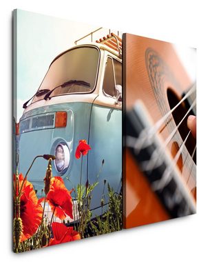 Sinus Art Leinwandbild 2 Bilder je 60x90cm T2 Bus Gitarre Hippies 70er Musik Blume Flower Power