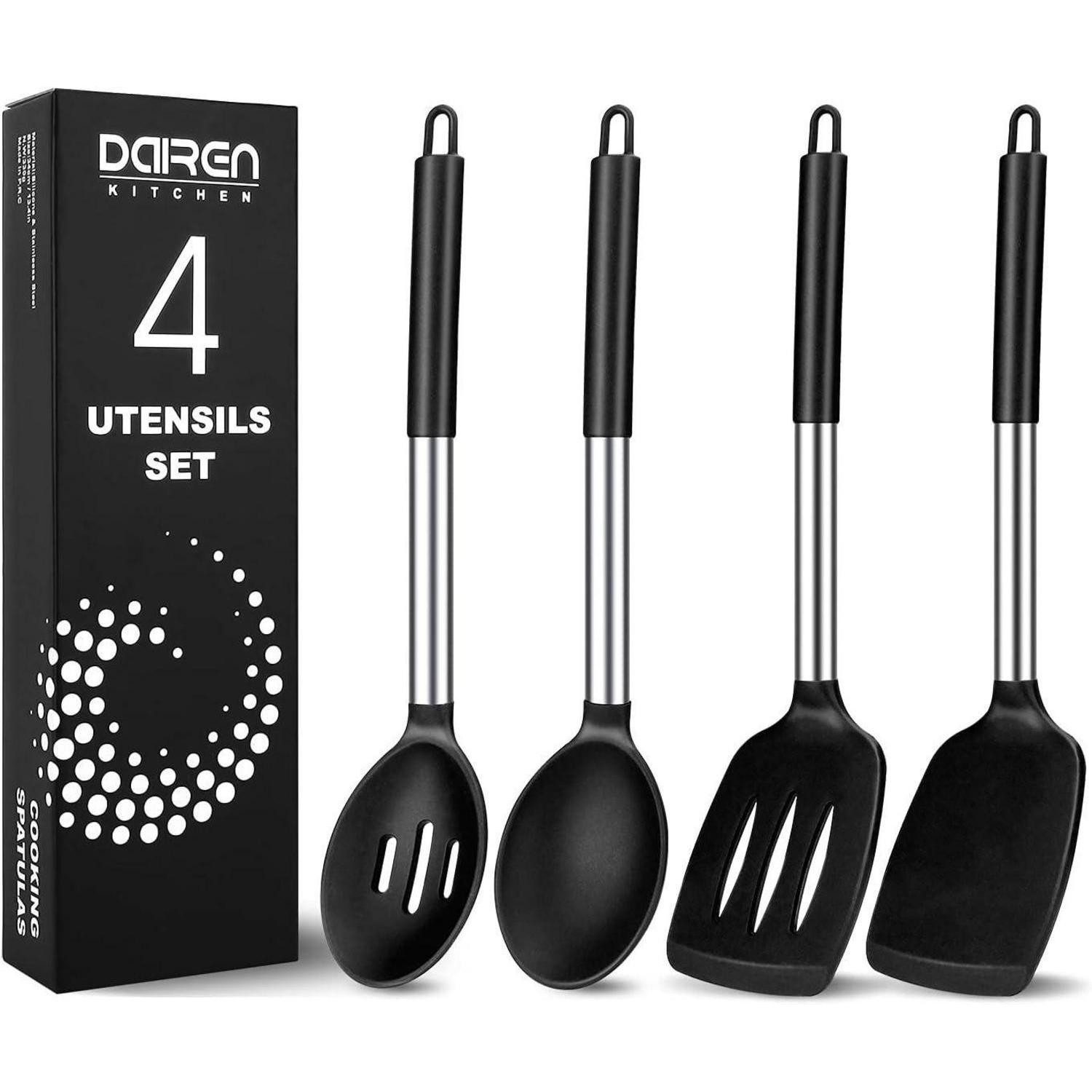 DaiRen Kitchen Kochbesteck-Set Silikon Pfannenwender Kochlöffel Set Edelstahlgriff Antihaft