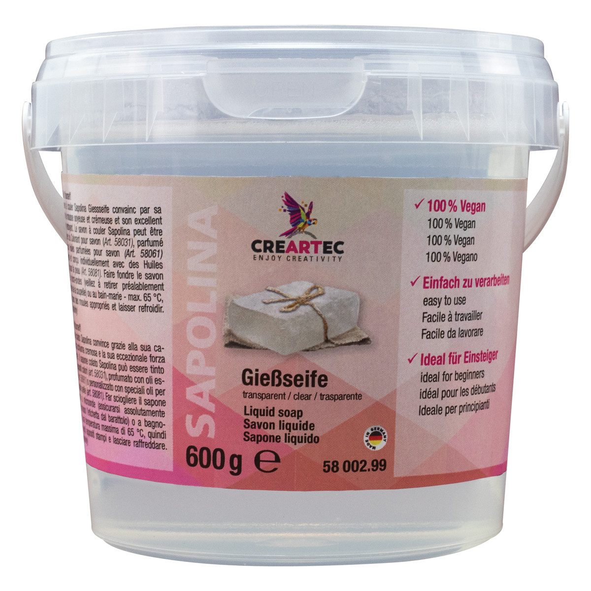 CREARTEC Rohseife transparente Gießseife - 600g - für kreativen Bastelspaß - Mischbar, für Duft, Farben, Öle und mehr - für den Körper - Made in Germany