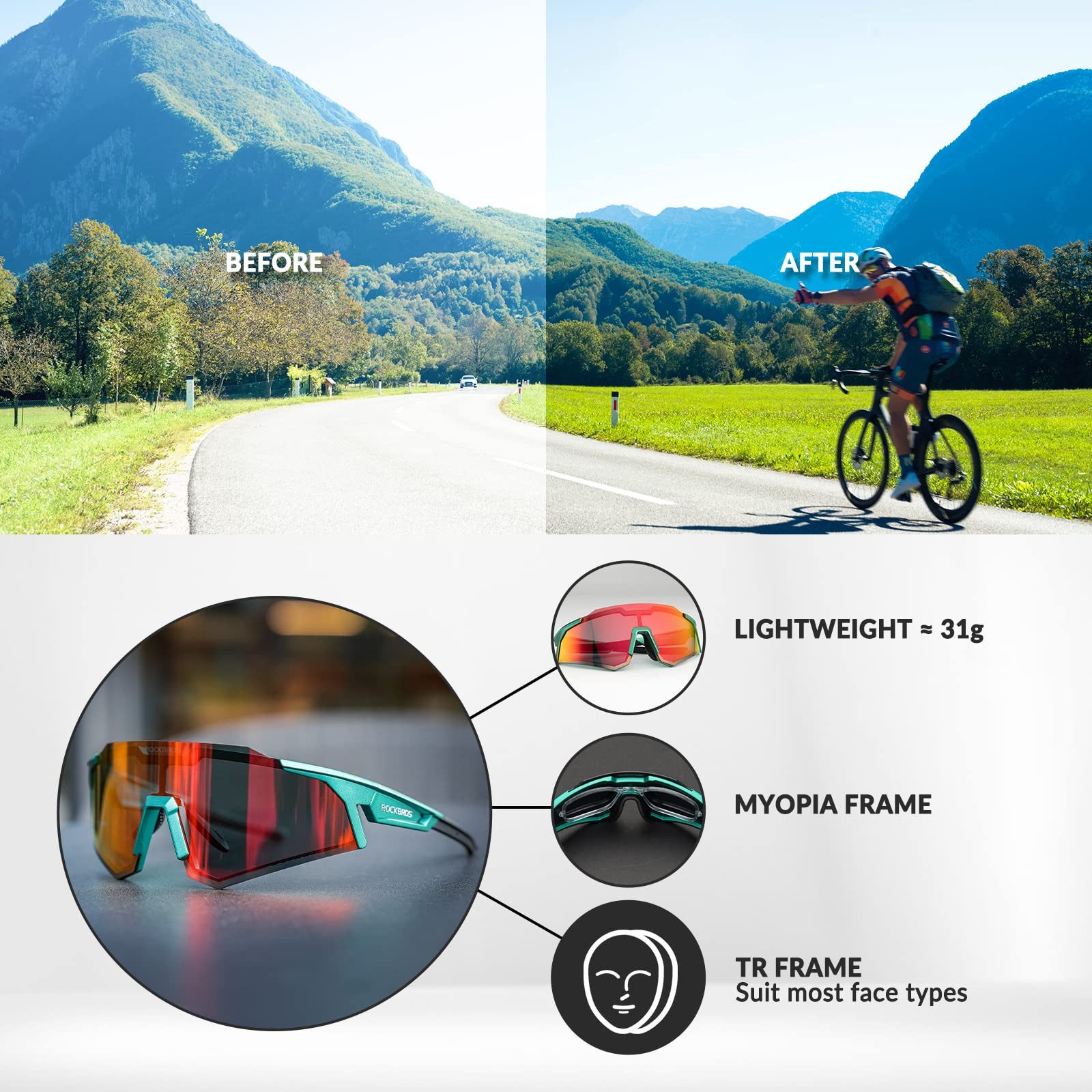 ROCKBROS Fahrradbrille Polarisierte Sportbrille, Sonnenbrille UV400-Schutz, winddicht, Leicht und robust