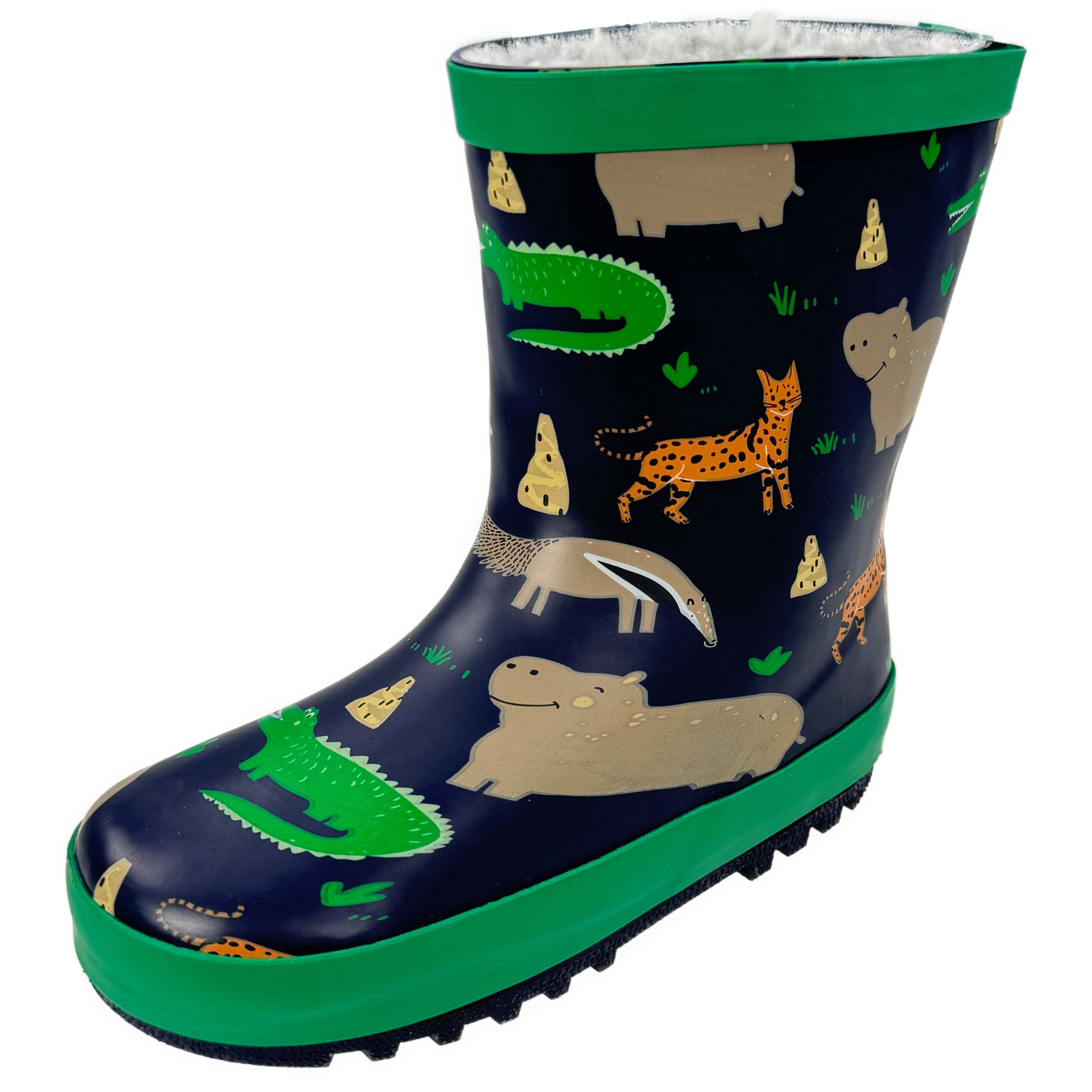 kamelshopping Kinder Regenstiefel, leicht gefüttert, Gummistiefel für Jungen Gummistiefel mit Aufdruck „Wilde Tiere“, navy-grün, Größe 23-29