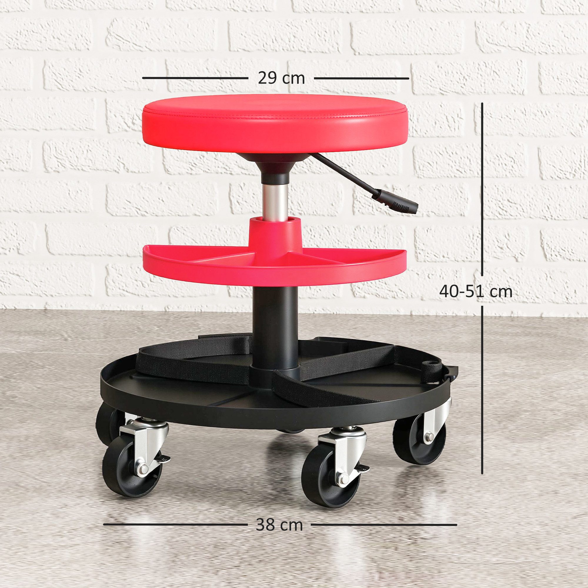 HOMCOM Montagehocker mit Rollen, Tabletts (rollbarer Werkstatthocker, 1 St., höhenverstellbar 40-51cm Rollhocker), bis 135 kg belastbar, Ø38 cm Werkstattsitz für Werkstatt Rot