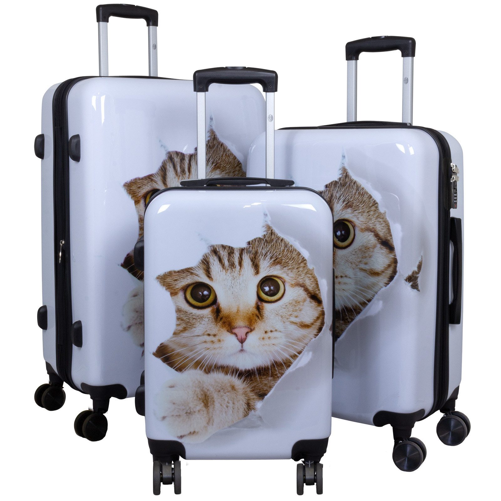Trendyshop365 Hartschalen-Trolley Motivkoffer weiß mit Katze - Hartschalenkoffer - Doppelrollen, Zahlenschloss, Polycarbonat, Dehnfalte, Tiermotiv