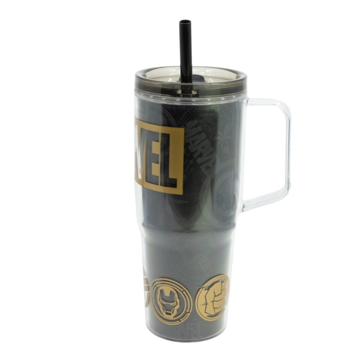 MARVEL Trinkflasche Trinkbecher mit Strohhalm und Henkel Doppelwandig 860 ml, Auslaufsicher