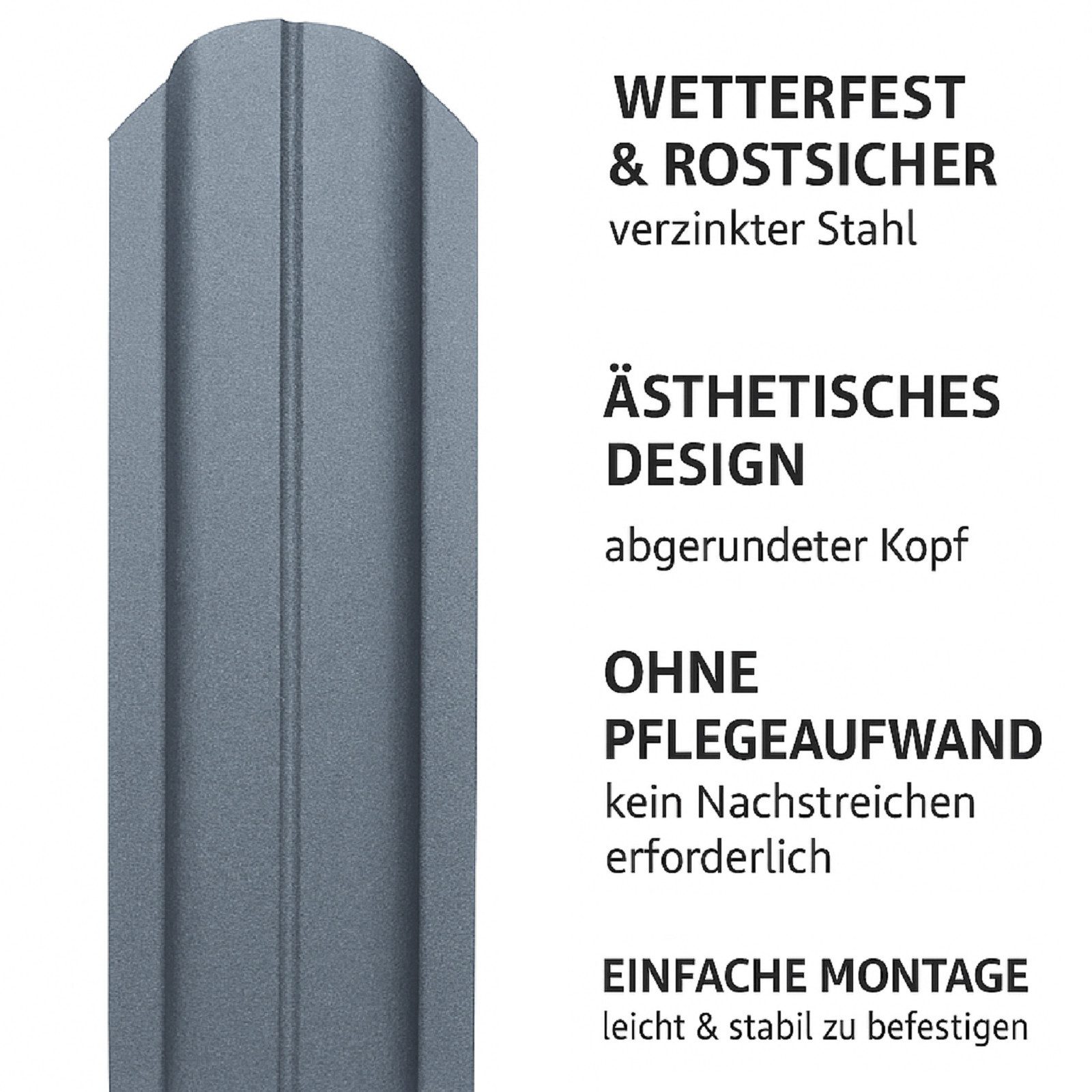 QLS Metallzaun Zaunlatte Matt Verzinkt Rundkopf 120x10,5cm, Optisch saubere Befestigung – Schrauben liegen bündig