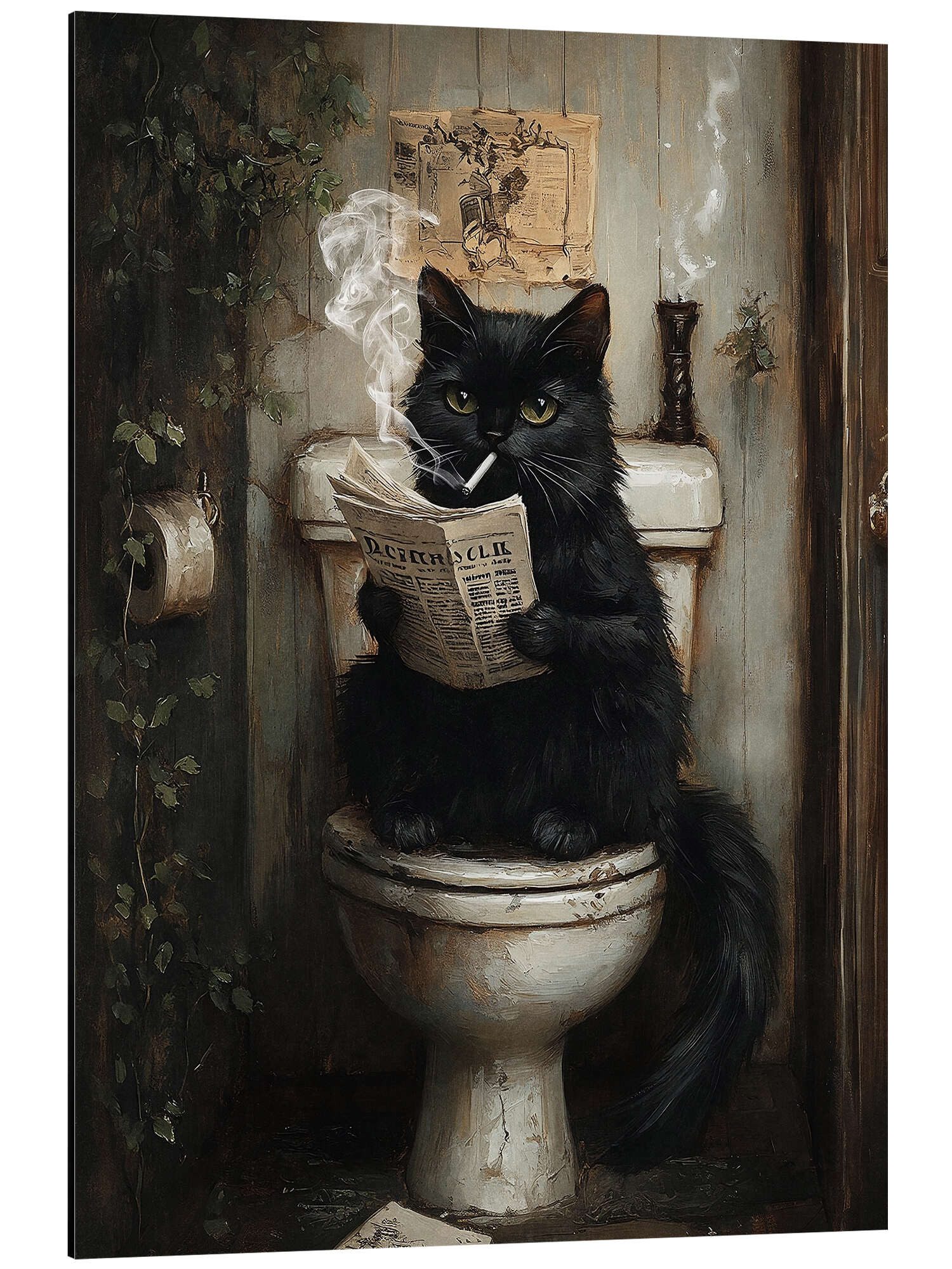 Posterlounge Wandbild Rauchende Katze liest Zeitung auf Toilette, Olga Telnova, erhältlich als Poster, Leinwandbild, Wandsticker oder Acrylglasbild
