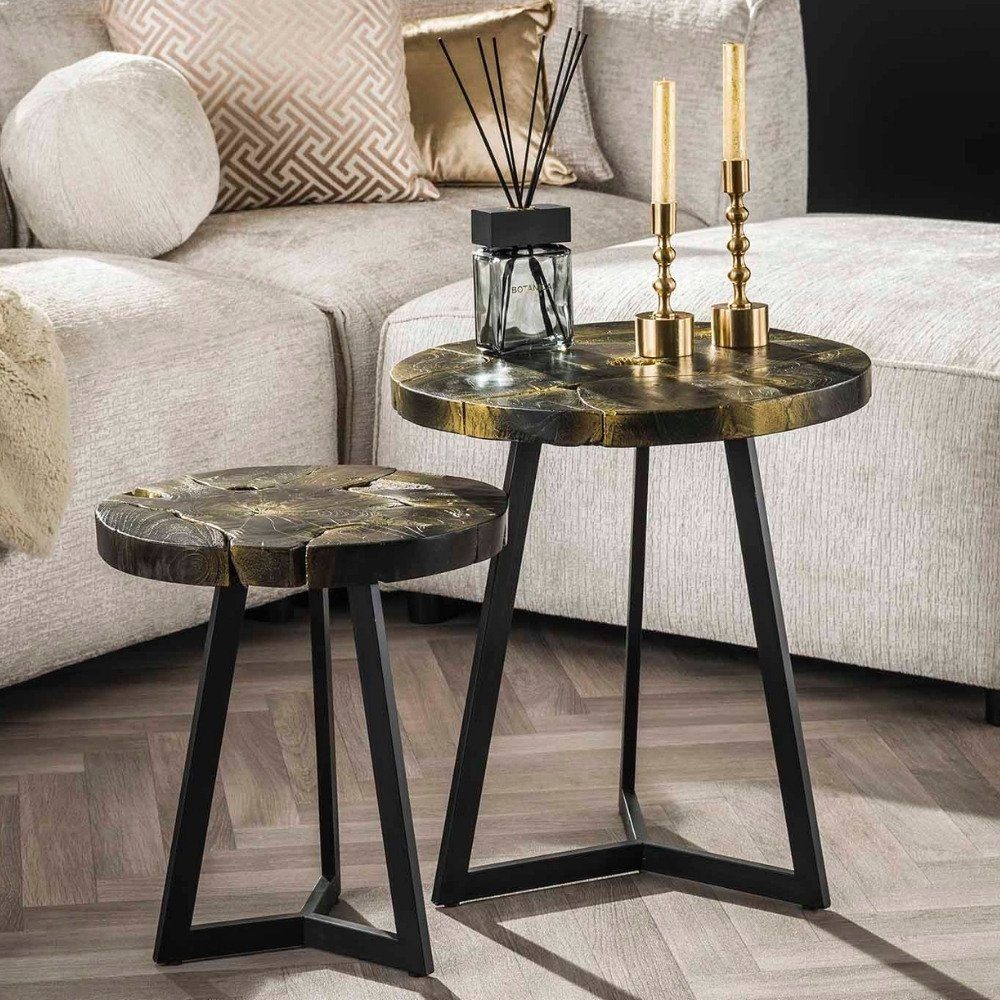 und RINGO-Living Möbel Beistelltisch Wido Teakholz aus 540x500x500mm, Schwarz 2er-Set Couchtisch in Gold