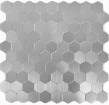 Mosani Aluminium Metall Mosaikfliesen Selbstklebende Hexagon Wandfliesen Wandpaneele Dekor, 29x28, Silber, Spritzwasserbereich geeignet, Küchenrückwand Spritzschutz