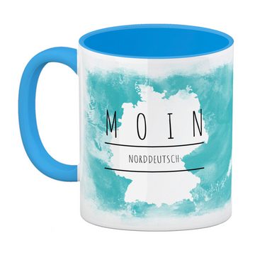 speecheese Tasse Hallo auf Norddeutsch Moin lustiger Kaffeebecher Hellblau mit blauem