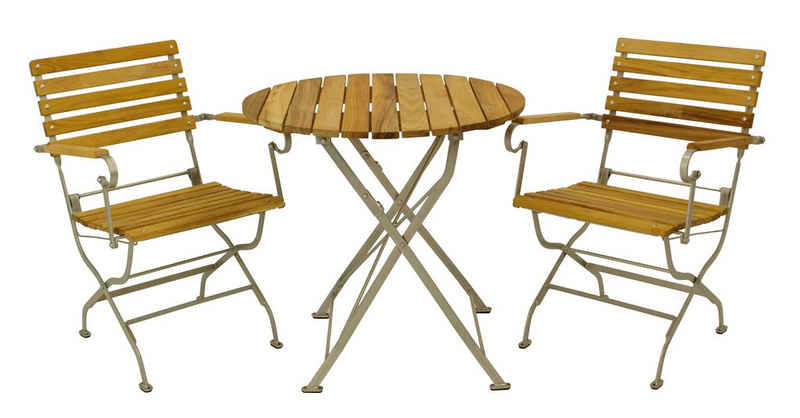 DEGAMO Garten-Essgruppe PASSAU, (3-tlg), (2x Sessel, 1x Tisch 77cm rund), Gestell verzinkt + Robinie, klappbar
