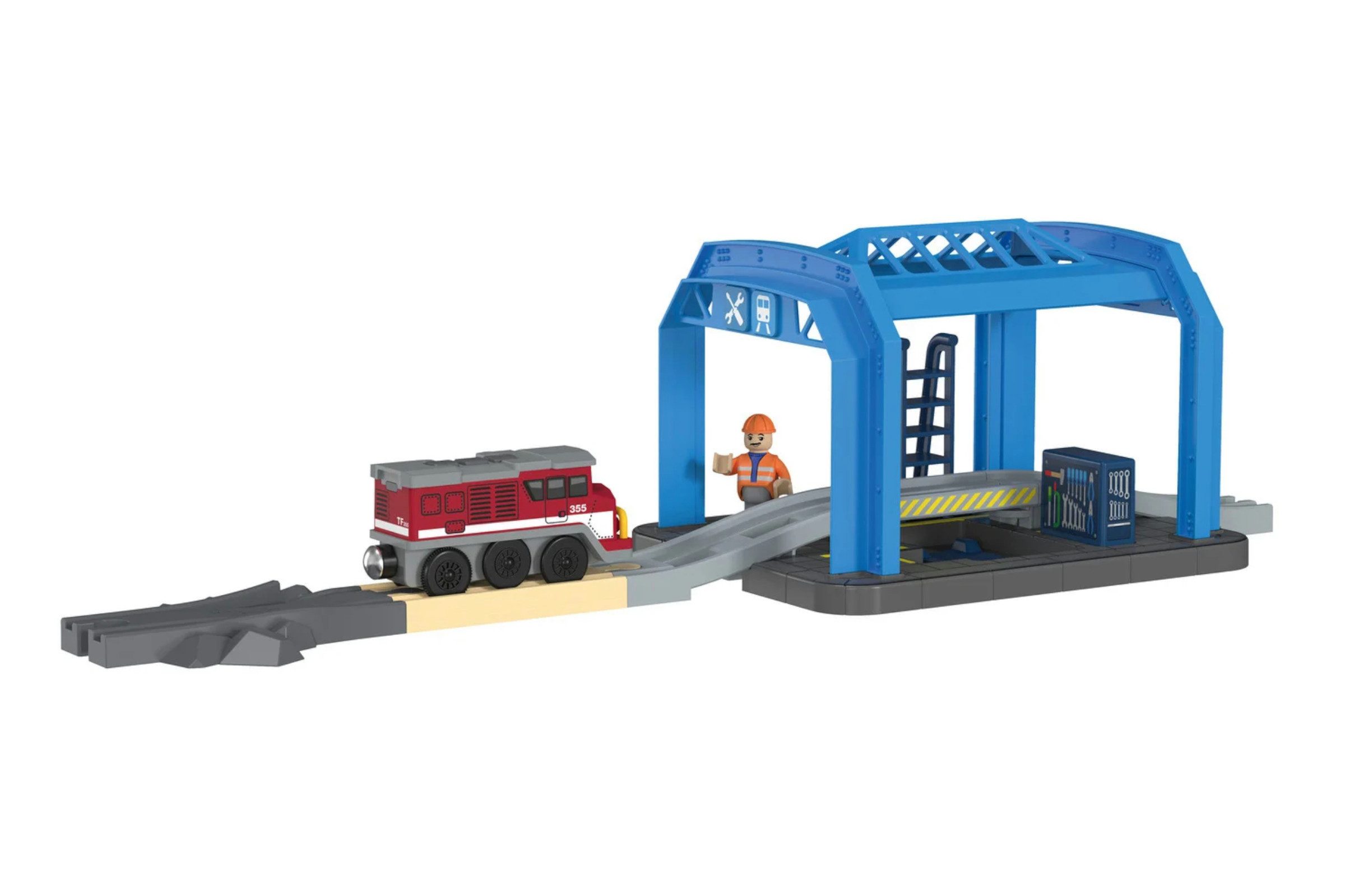 Playtive Spielzeugeisenbahn-Erweiterung Playtive Eisenbahn-Werkstatt Set mit Farberkennung, Licht & Sound, (Set, 11-tlg), Farberkennung, Licht- und Soundeffekte, kompatibel mit Holzschienen