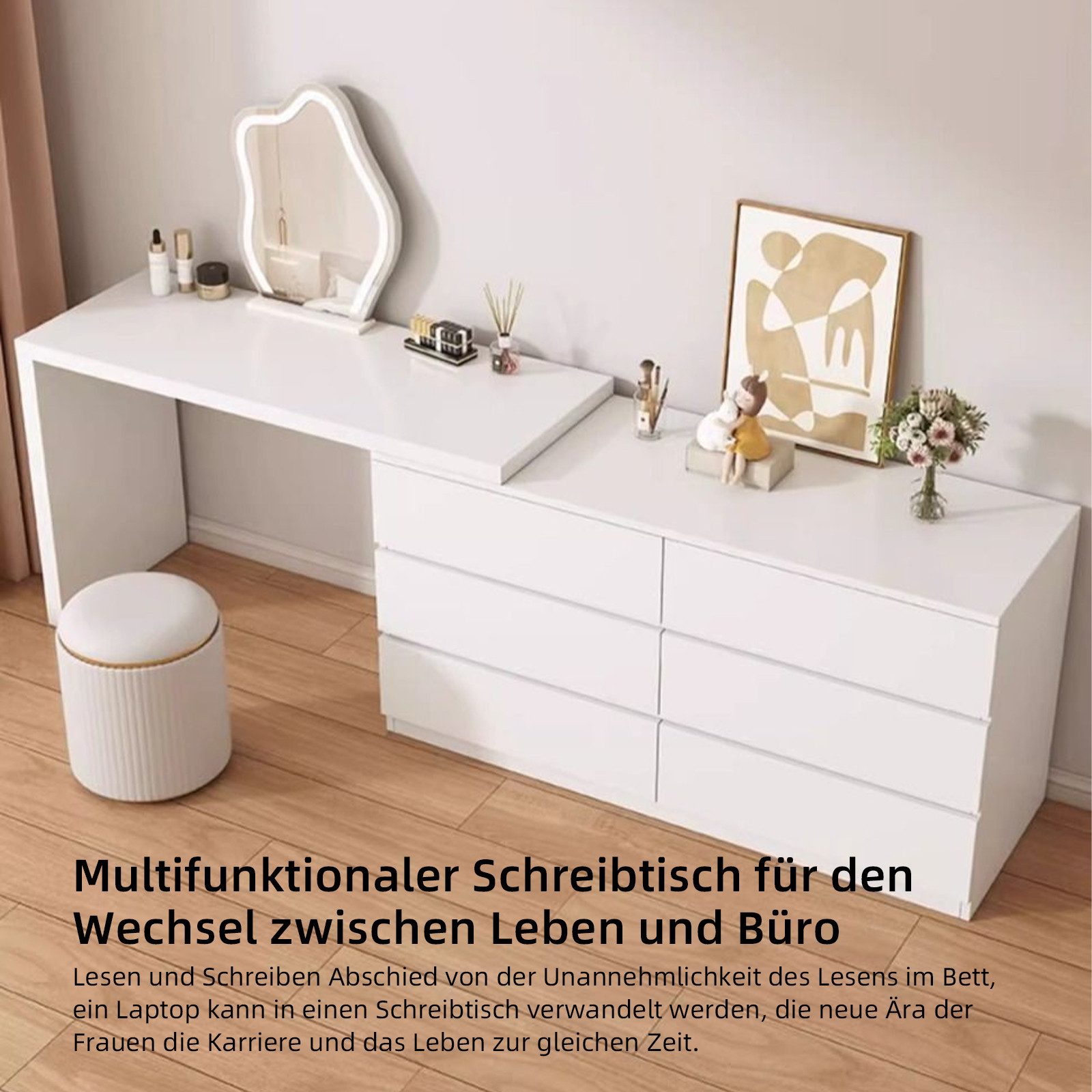TWSOUL Schminktisch mit LED-Spiegel, L-Form oder gerade stellbar, Kommode mit 6 Schubladen, multifunktionaler Frisiertisch & Schreibtisch, Weiß