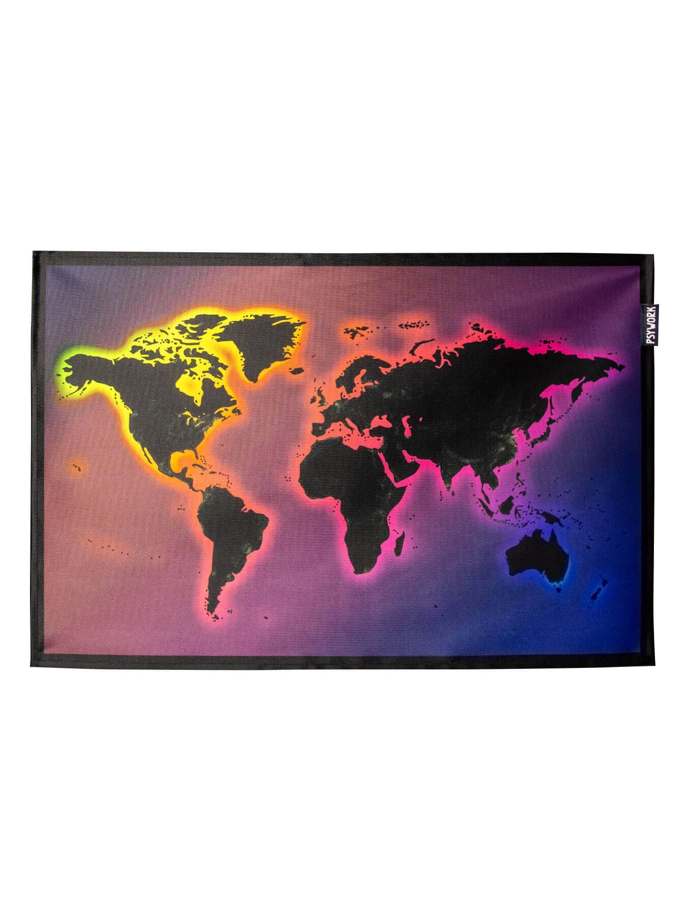 PSYWORK Poster PSYWORK Schwarzlicht Stoffposter Neon "Rainbow World Map", 40x60cm, UV-aktiv, leuchtet unter Schwarzlicht