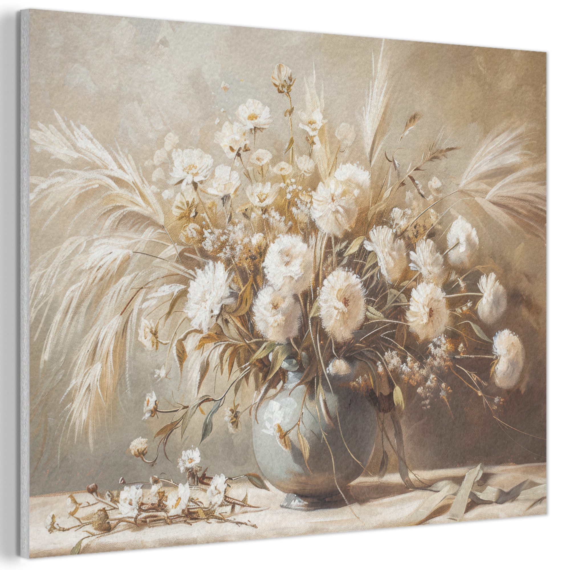 MuchoWow Gemälde Blumen - Vase - Stilleben - Beige, Fotodruck (1 St), Akustikpaneele PET-Filz, Akustikbild, Schalldämmung, Deko 40x30 cm