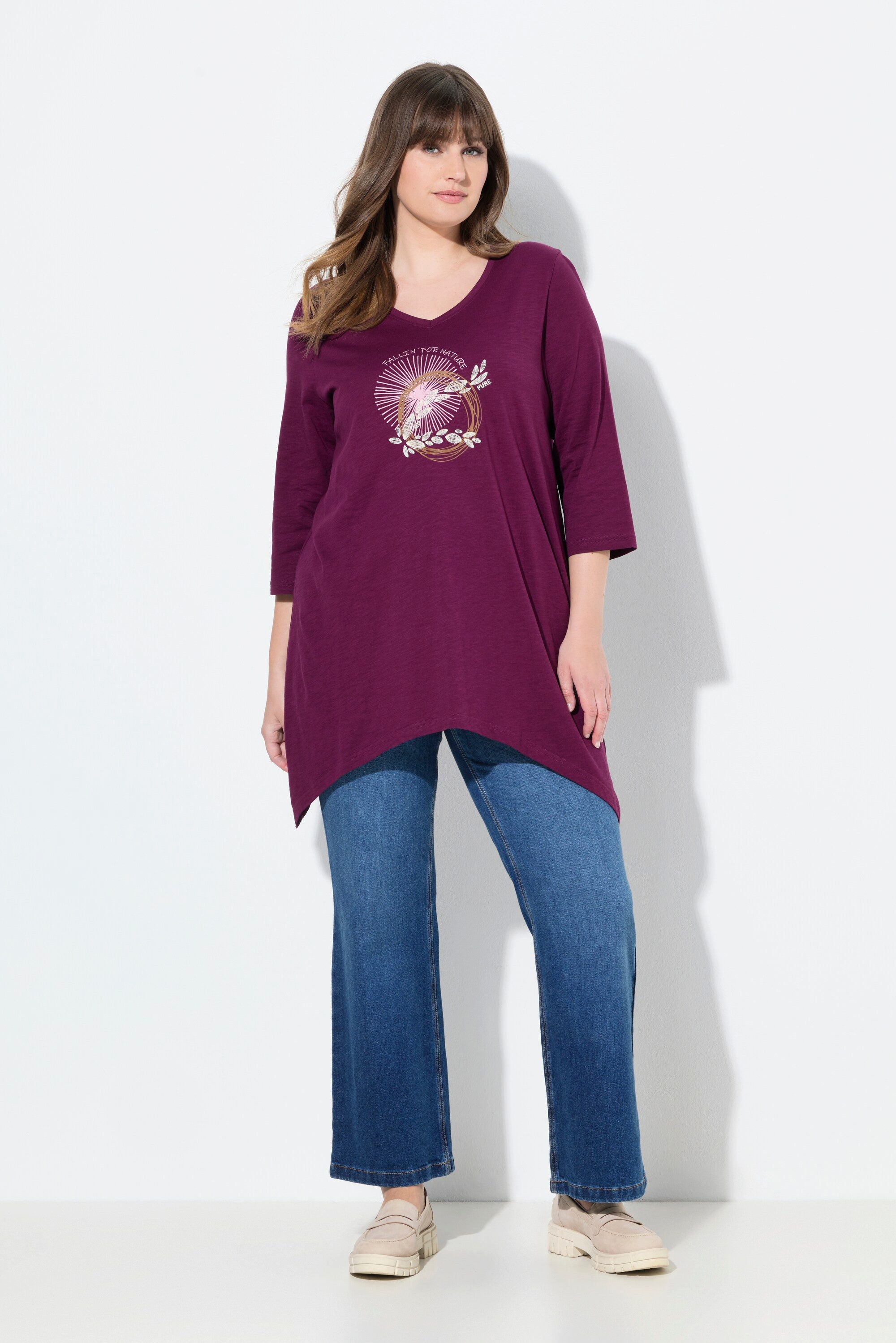 Longshirt Shirt Stickerei V-Ausschnitt 3/4-Arm Biobaumwolle