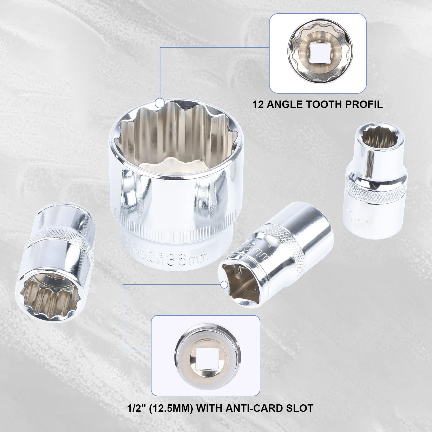 WILGOON Bit- und Steckschlüsselset 21er Steckschlüssel Satz 1/2" Werkzeug 8-36mm Vielzahn Nuss Satz, 21-St., Steckschlüssel Satz für 6 und 12 Kant