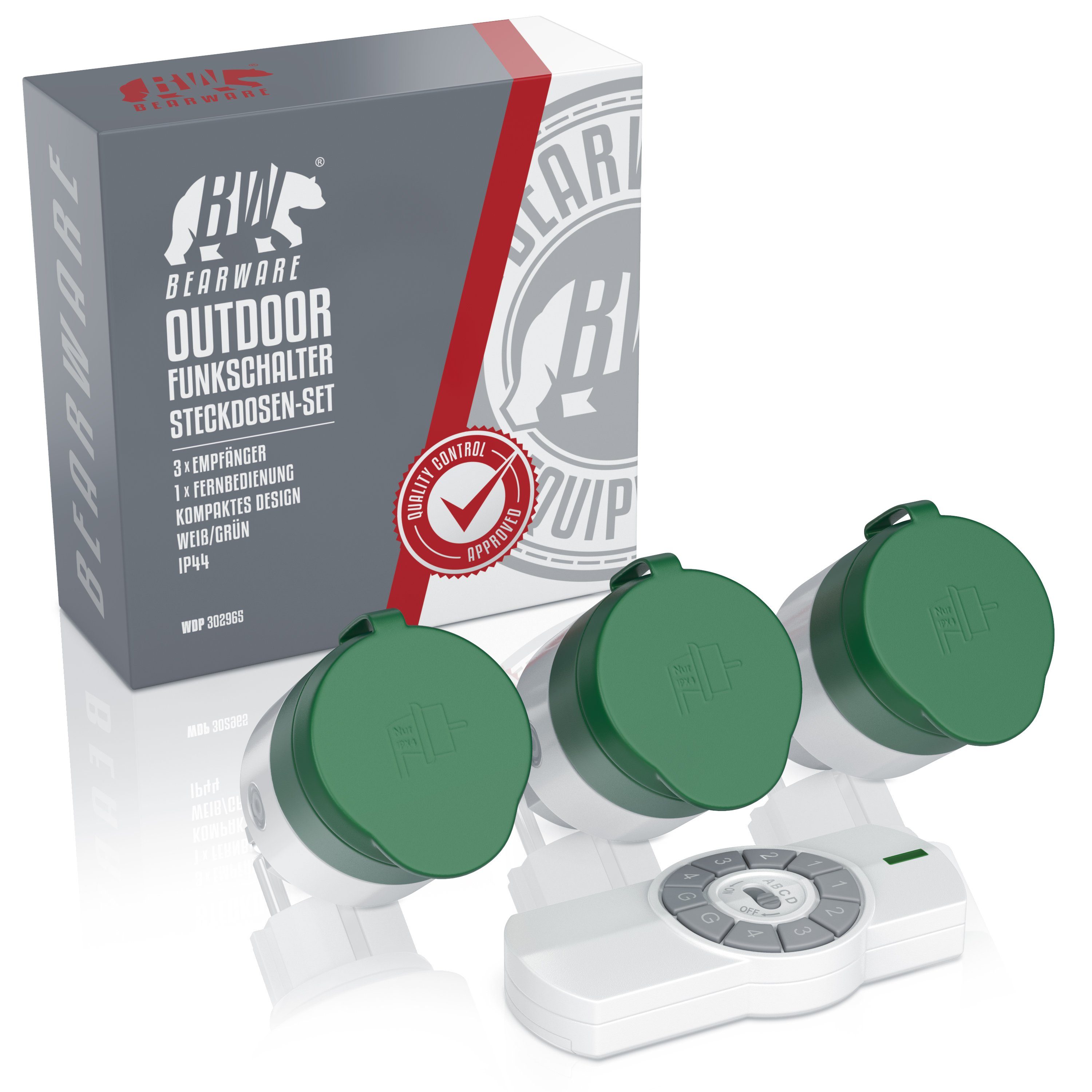 BEARWARE Funksteckdose, max. 3680 W, 3-St., 3x Outdoor Steckdosen Set + Fernbedienung, für Außenbereich max. 25m