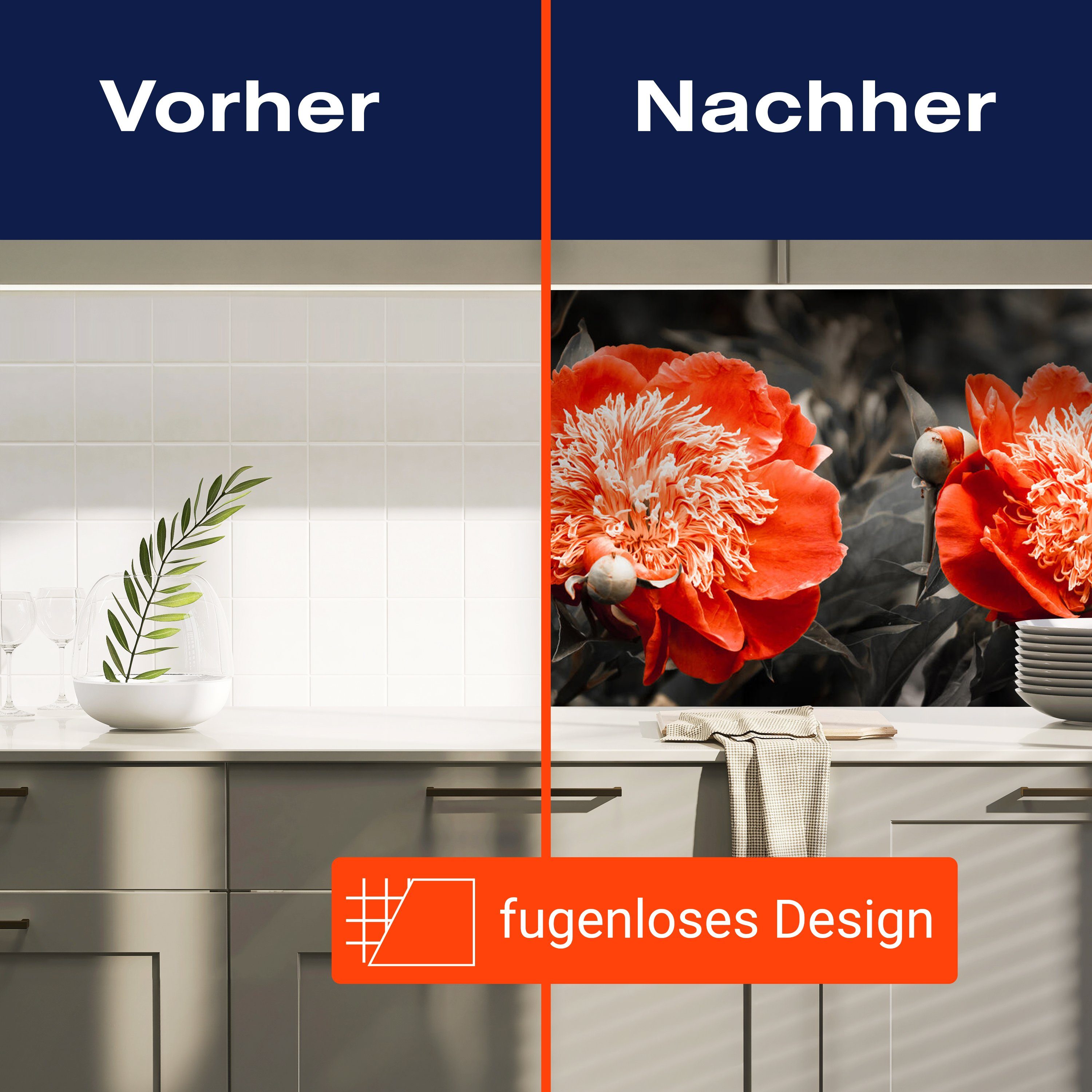 Premium Blume Kontrast Hartschaum (1-tlg), Rot Küchenrückwand in Nischenrückwand Weiß, versch. Fokus Größen Schwarz wandmotiv24