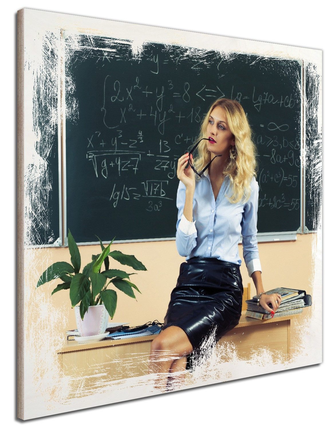 Wallario Holzbild, Sexy blonde Lehrerin in Schule vor Tafel mit langen Beinen und Brille, in verschiedenen Ausführungen