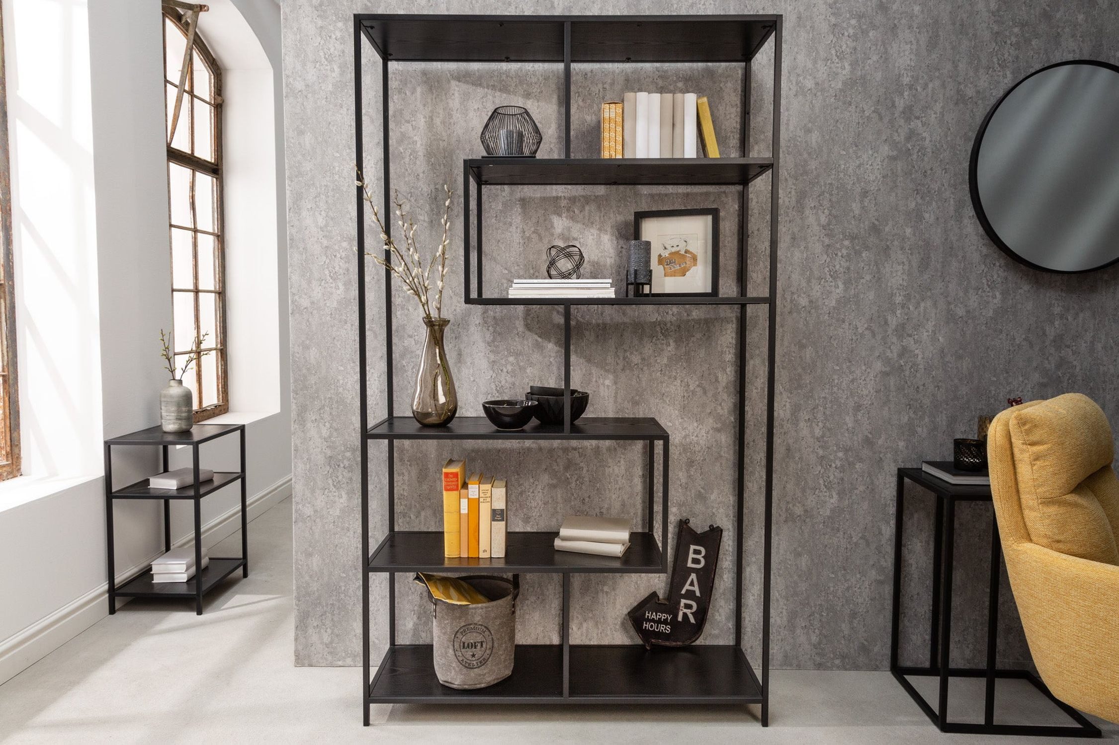 Licht-Erlebnisse Standregal VIVEN, Schwarz 114 x 185 cm Holzwerkstoff Metall